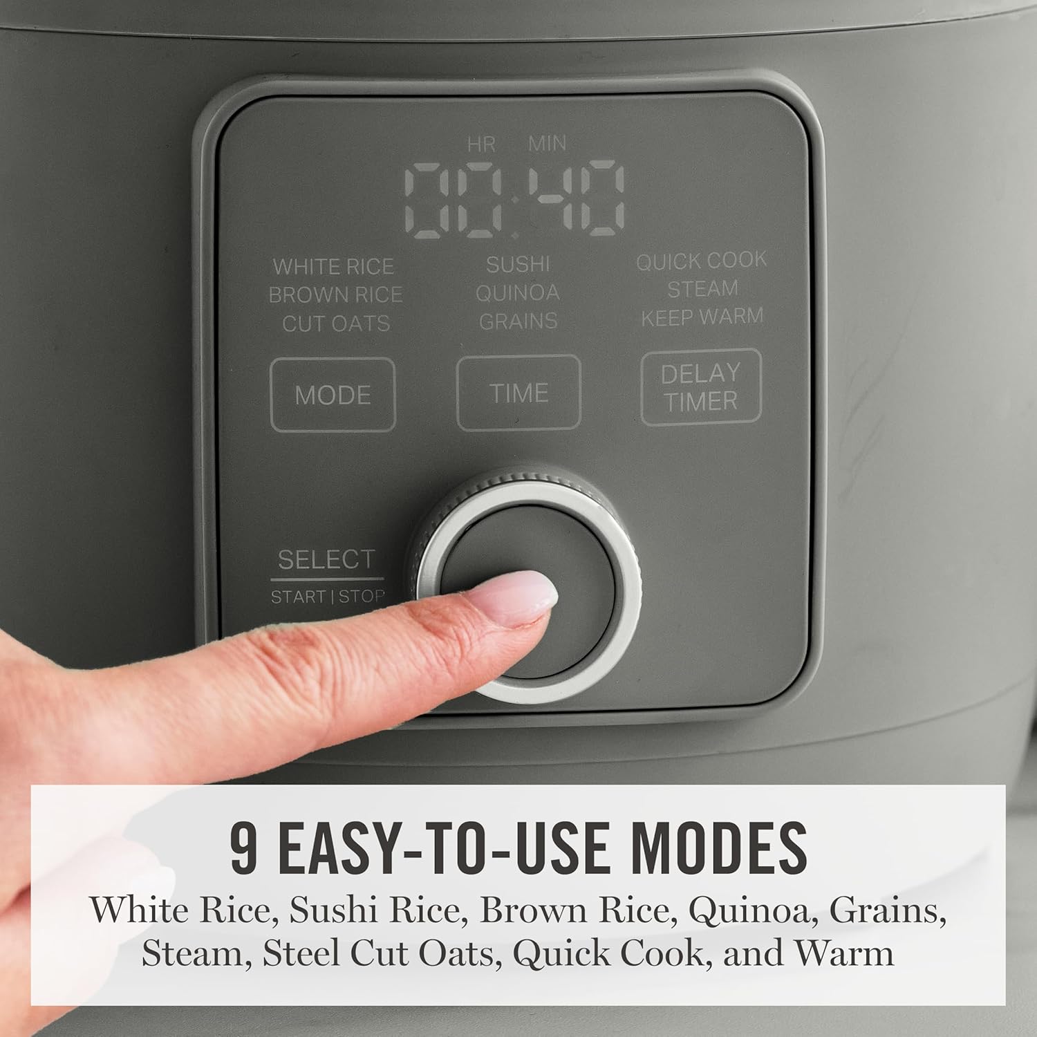 Martha Stewart Rice Cooker, 4 Cup (Uncooked) / 8 Cup (Cooked), Ceramic Non-Stick Removable Pot, Keep Warm, Measure Markings, Steam Basket, Brown & Sushi Rice, Quick Cook, Quinoa, Grains, Oats, Caviar Gray