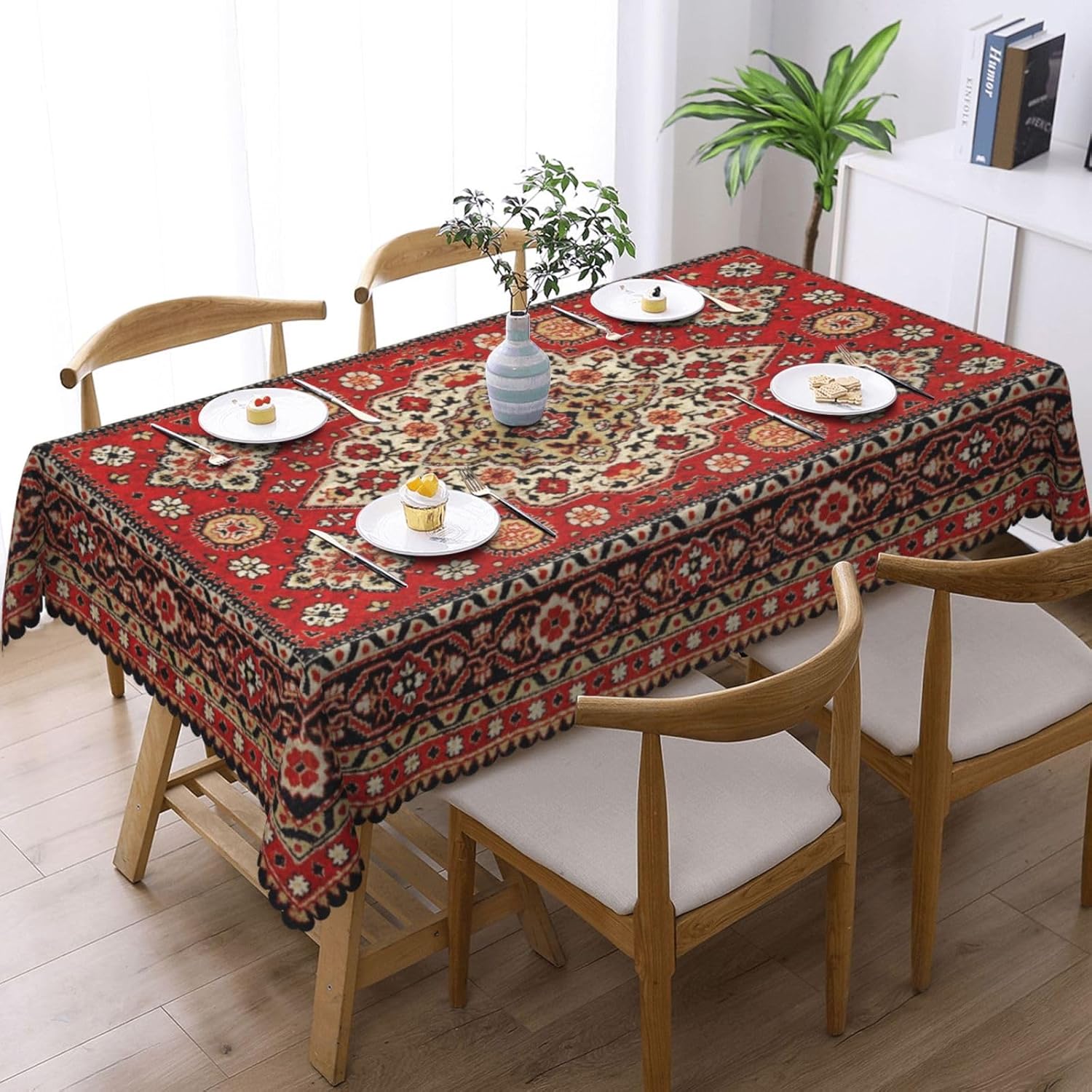 Royal Red Moroccan Tablecloth Old Red Persian Carpet Texture Abstract Table Cloth Rectangle Table Cover Kitchen Decorations for Home Dinner Party 54 x 72 Inch