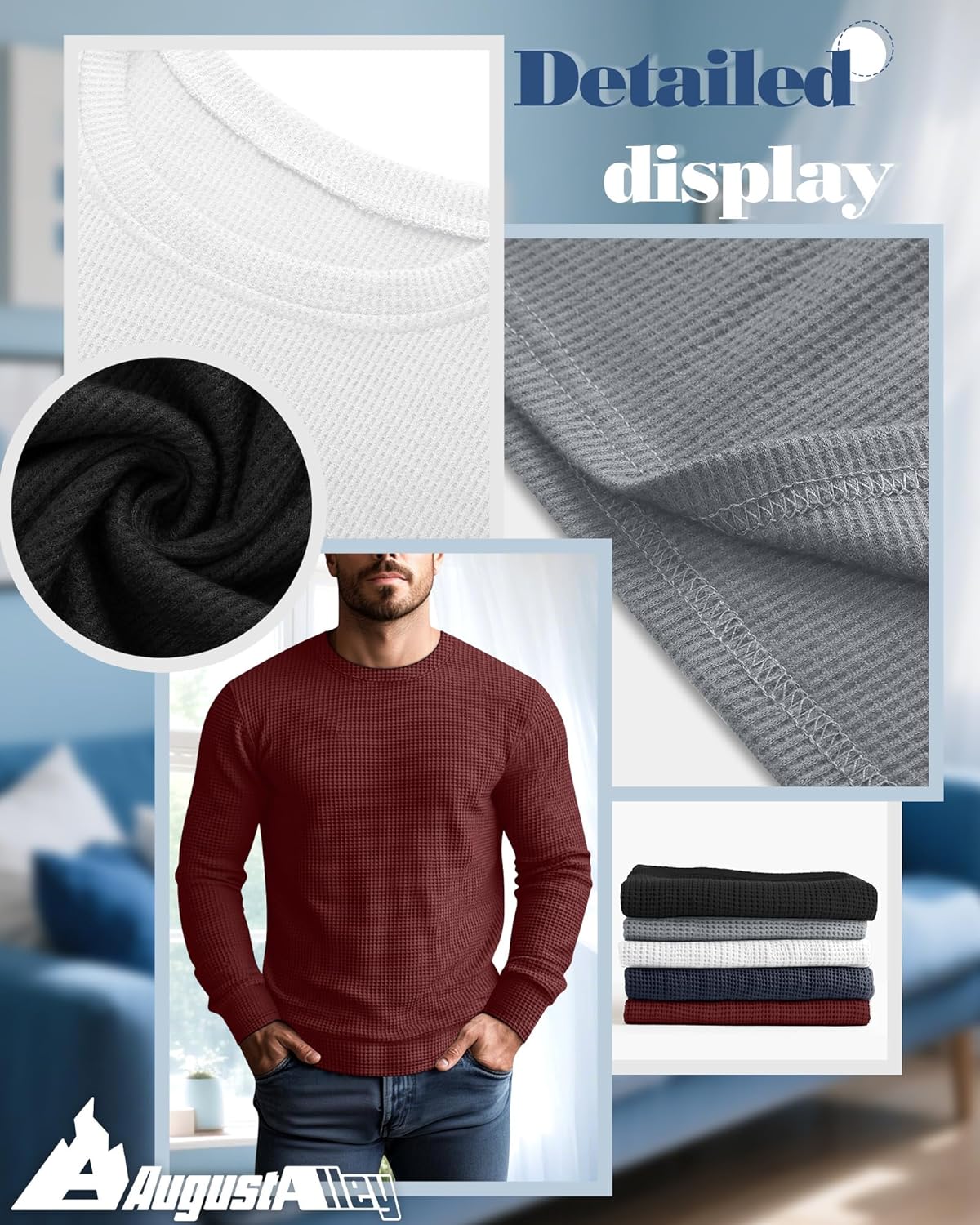 5 Pack Thermal Waffle Shirts for Men, Crew Neck Long Sleeve Casual Pullover Underwear Textured Knit Tops - Image 4