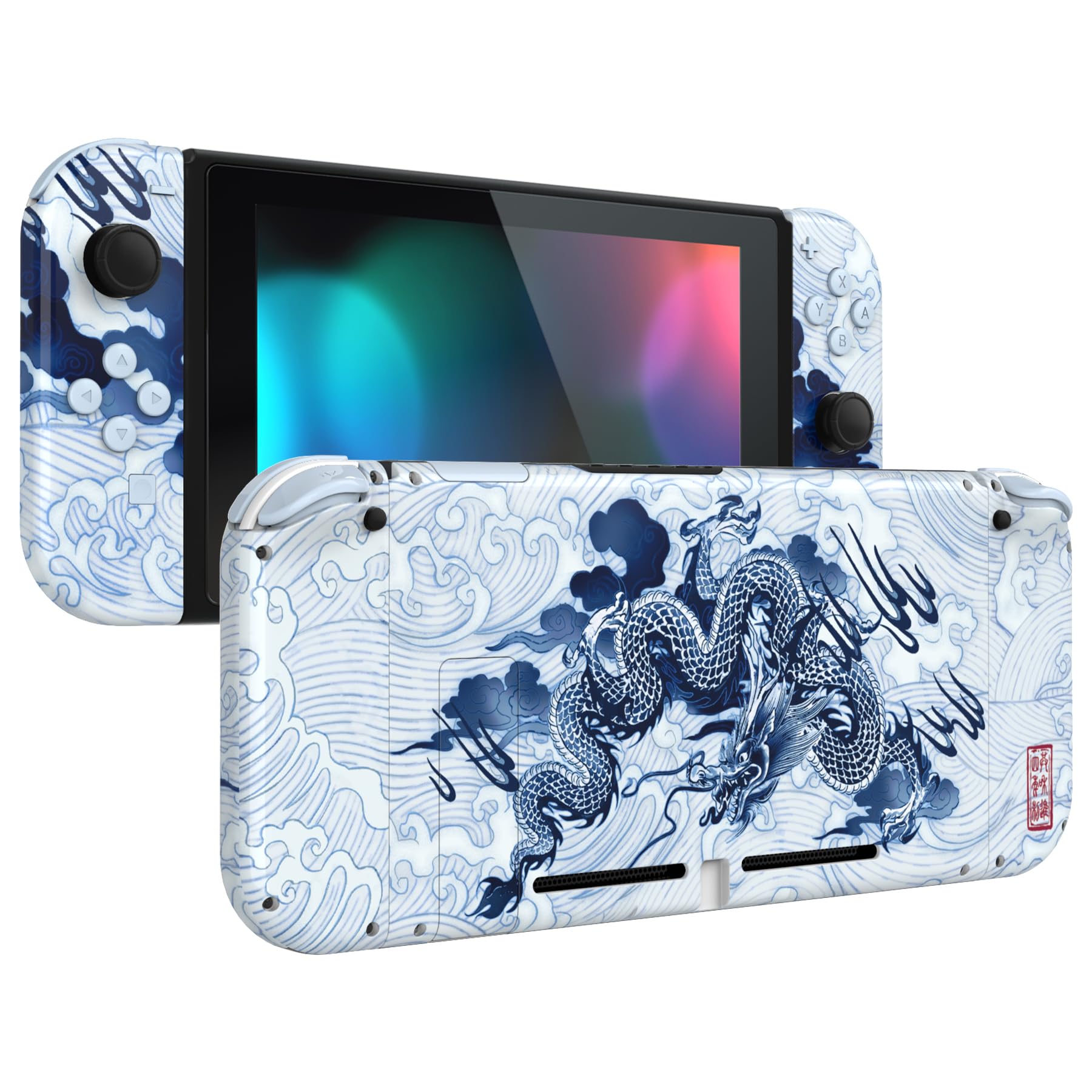 eXtremeRate DIY Replacement Shell Buttons for Nintendo Switch, Porcelain Dragon Back Plate for Switch Console, Housing with Full Set Buttons for Joycon Handheld Controller - Console Shell NOT Included