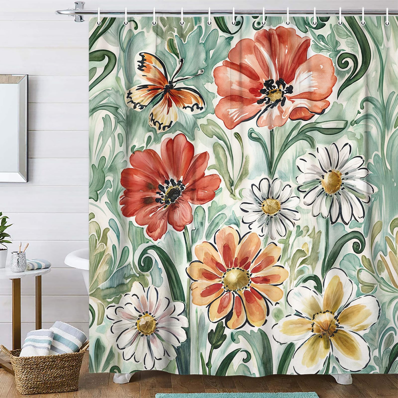 Spring Summer Floral Shower Curtain,Colorful Boho Vintage Flower Butterfly Plants Bathroom Aesthetic Decor,Chic Print Design Farmhouse Bathtub Curtain with Hooks,70X70IN