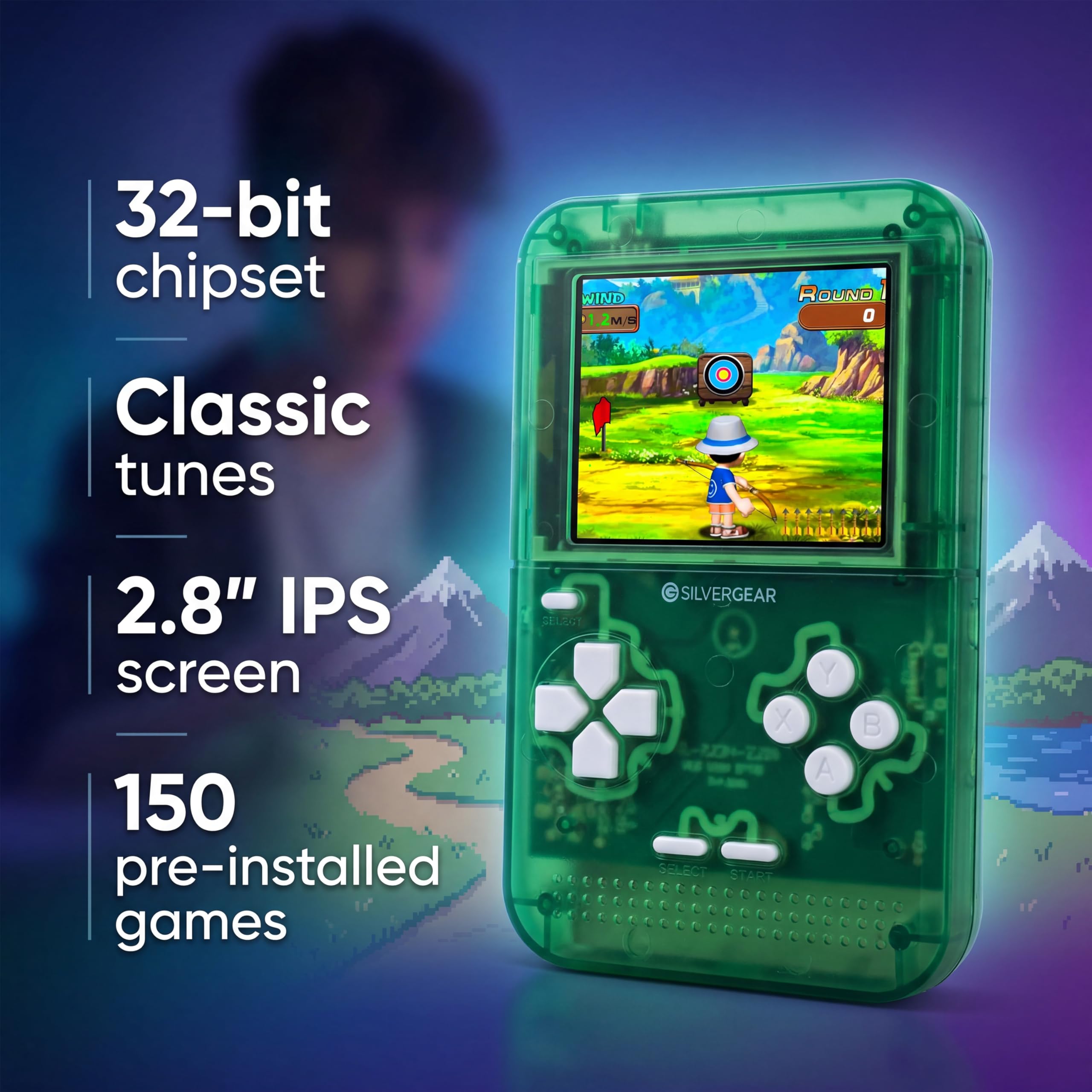 Silvergear® Retro Spielkonsole 32-bit | Handheld Konsole mit 150 Spielen | Tragbare Arcade Konsole | 2.8 Zoll LCD Bildschirm | Retro Games & Klassische Spiele | Kinder Spielkonsole | Grün