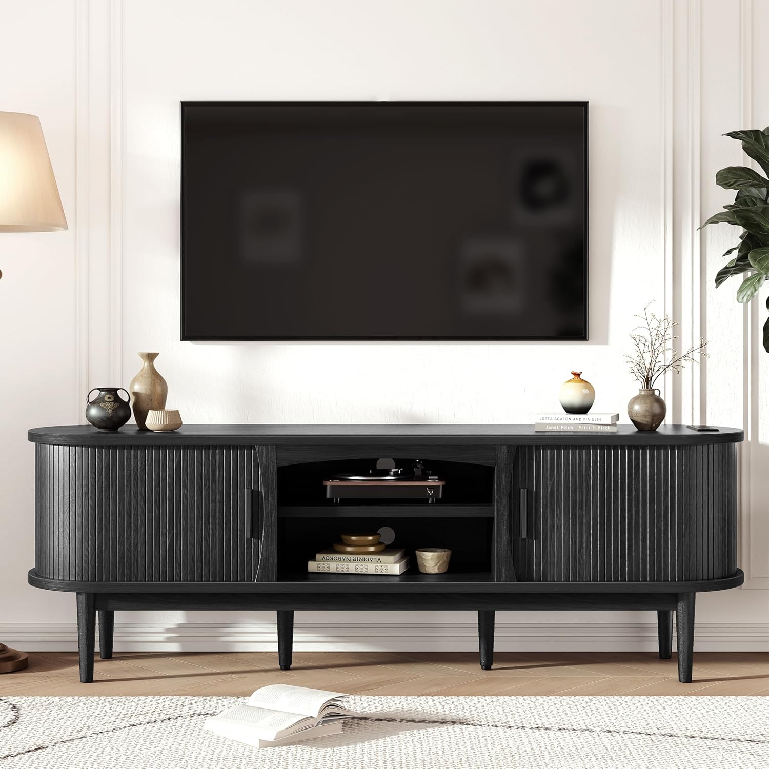 Mid Century TV Stand for TVs up to 80 Inches, Entertainment Center with Storage, Power Outlet, Fluted Sliding Doors & Adjustable Shelves, Modern Media TV Console Table for Living Room (Walnut)