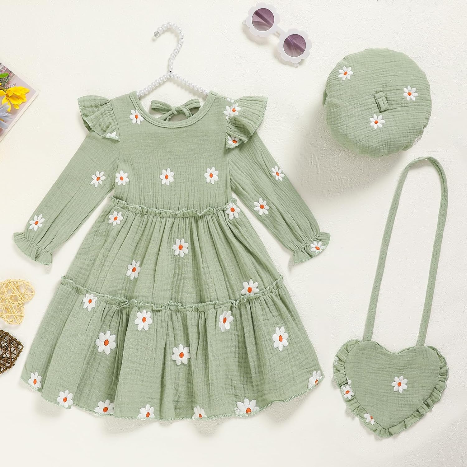 Toddler Girl Dress Kids Long Sleeve Ruffle Dresses Fall Winter Outfit Hat Bag Floral Girls Casual Playwear Dress - Image 6