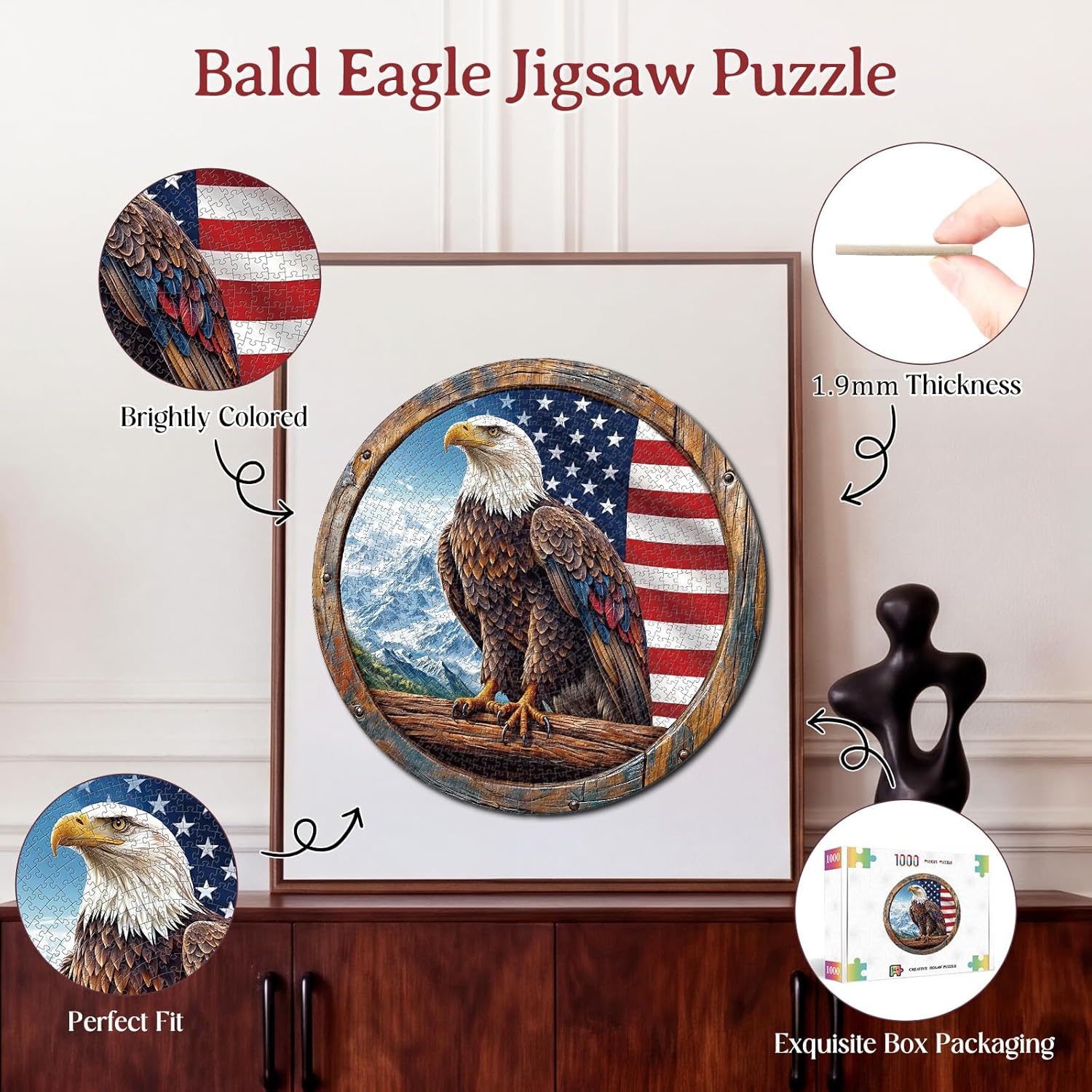 1000 Piece Puzzle for Adult, Bald Eagle Jigsaw Puzzle 1000 Pieces, Impossible Challenging Fun Puzzle for Adult, Round 26.6 x 26.6 Inch Unique Difficulty Puzzle for Birthday Gift