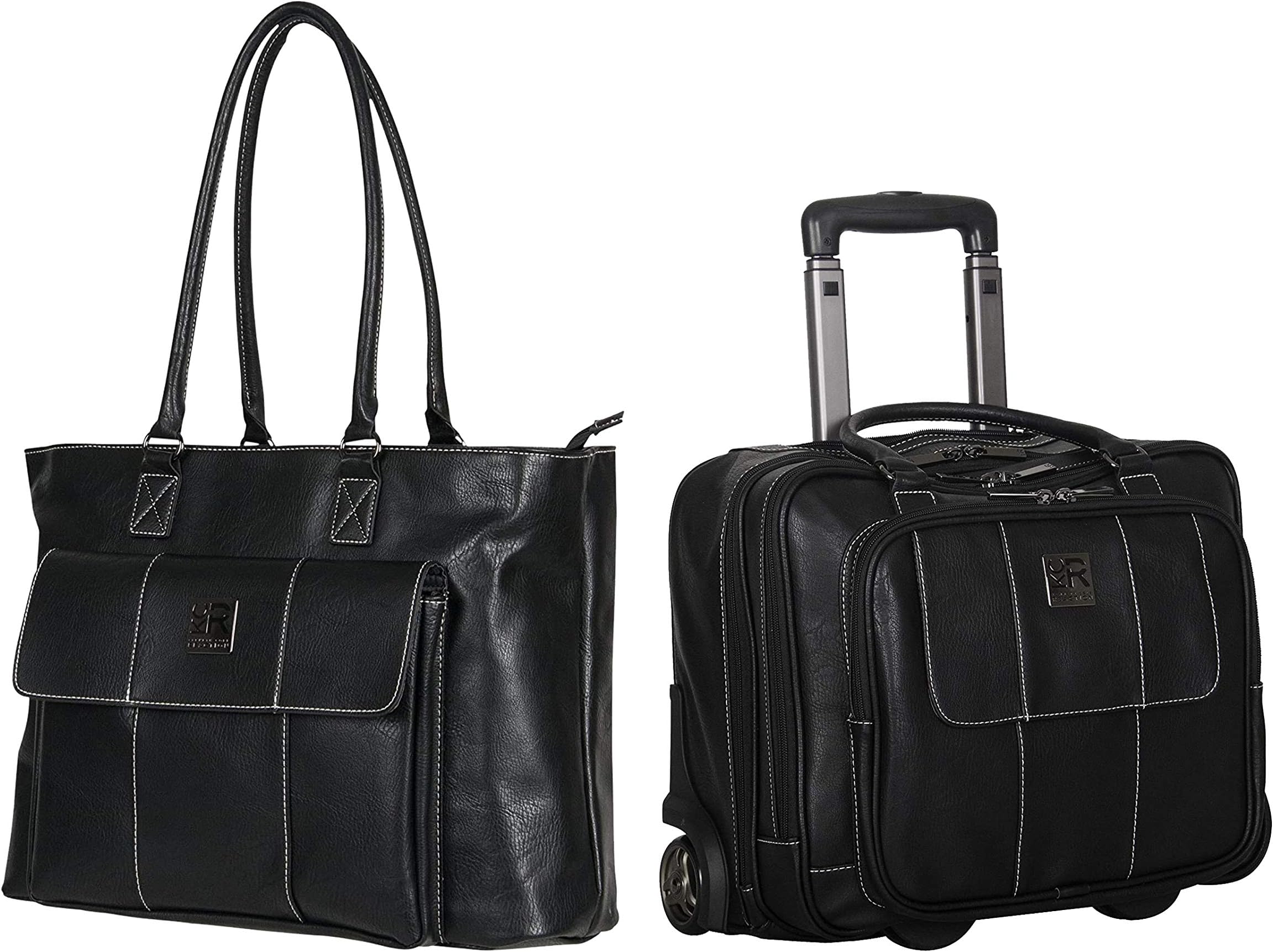Kenneth Cole Reaction Women's Casual Fling Pebbled Faux Leather 16" Laptop Business Travel Tote, 2-Piece Set (Tote & Wheeled Carry-On), Black