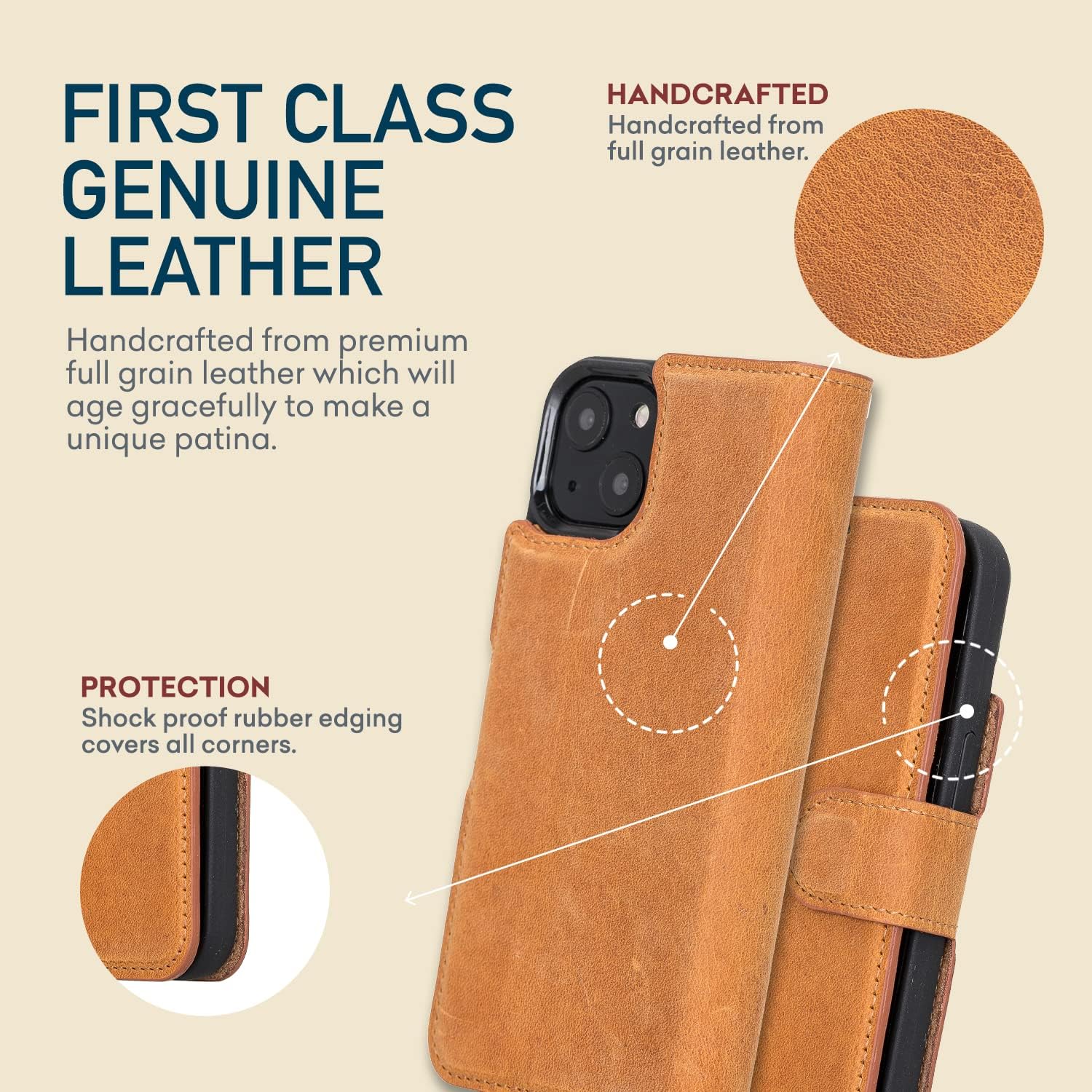 Bayelon Leather Case Compatible with iPhone 13, Full Grain Leather Wallet Case, [2in1] Detachable Magnetic Phone Cover, Flip Cover with Card Slots, Kickstand (Antique Camel)