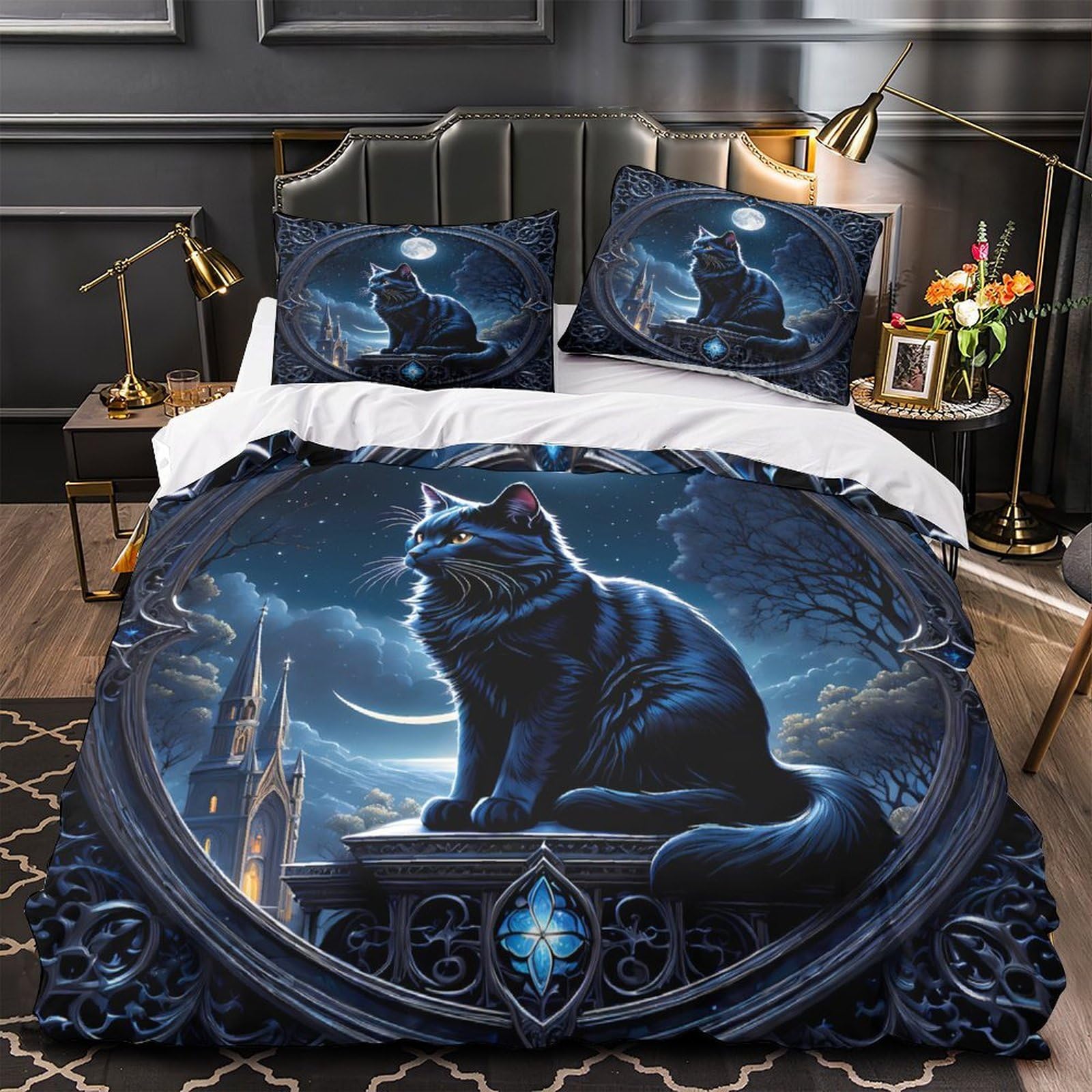 MMDASBVPE Black Cat Quilt Cover 3D Print Easy Care 3 Pieces Bed Set Hidden Zipper fantasy Moonlit Scene Duvet Cover Extra Soft Hypoallergenic for Adults Kids Teens Women Youth Single（135x200cm）