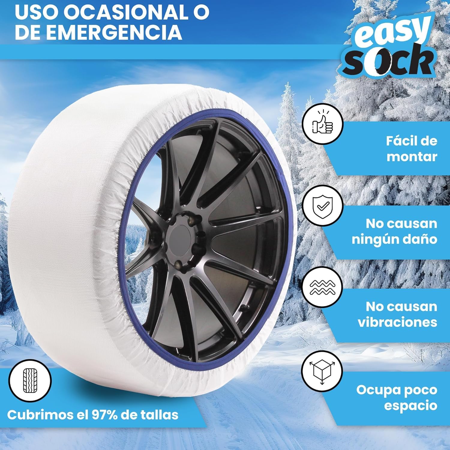 Cadenas Coche Nieve Easy Sock Homologación EN 16662-1 y alta seguridad. Talla XL. Cadenas Nieve Téxtiles Fáciles de Instalar - Cadenas Nieve Coche Antideslizantes y Resistentes - Kit de 2 Cadenas