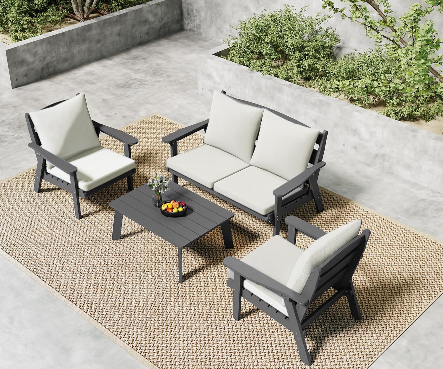 FOOWIN 4-Piece Patio Furniture Set, HDPE All-Weather Outdoor Conversation Set with Thick Cushions, Sectional Patio Sofa Furniture for Deck, Porch, Lawn, Garden, Grey Frame & White Cushion
