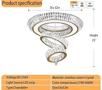 IDEQUY Led 32'' Gold Ring Crystal Chandelier,Modern Luxury