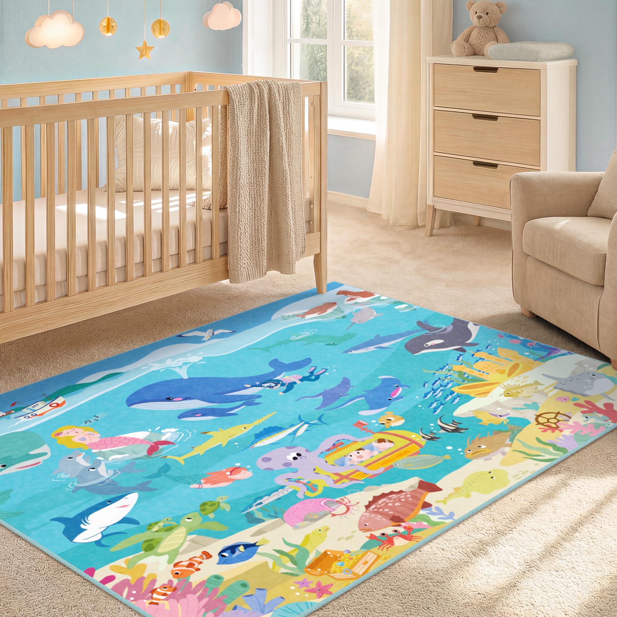 3x5 Small Kids Rug for Bedroom - Washable Soft Ocean Themed Rug for Kids Room, Bathroom and Playroom – Sea Animal Carpet for Children, Toddler, Whale Mermaid &amp; Marine Life Educational Learning Carpet
