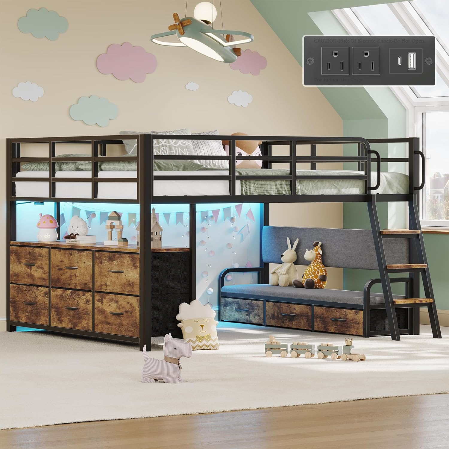 Full Size Loft Bed with Desk and 9 Drawers, 15.8" High Guardrail Low Loft Bed for Kids, Heavy Duty Metal Bed Frame with LED Lights & Charging Station, Kids Loft Bed Space-Saving,Vintage Brown | 9 Storage Drawers, Fence height 15.8", Low loft bed kids, Children's loft bed, Toddler loft bed, Junior loft bed