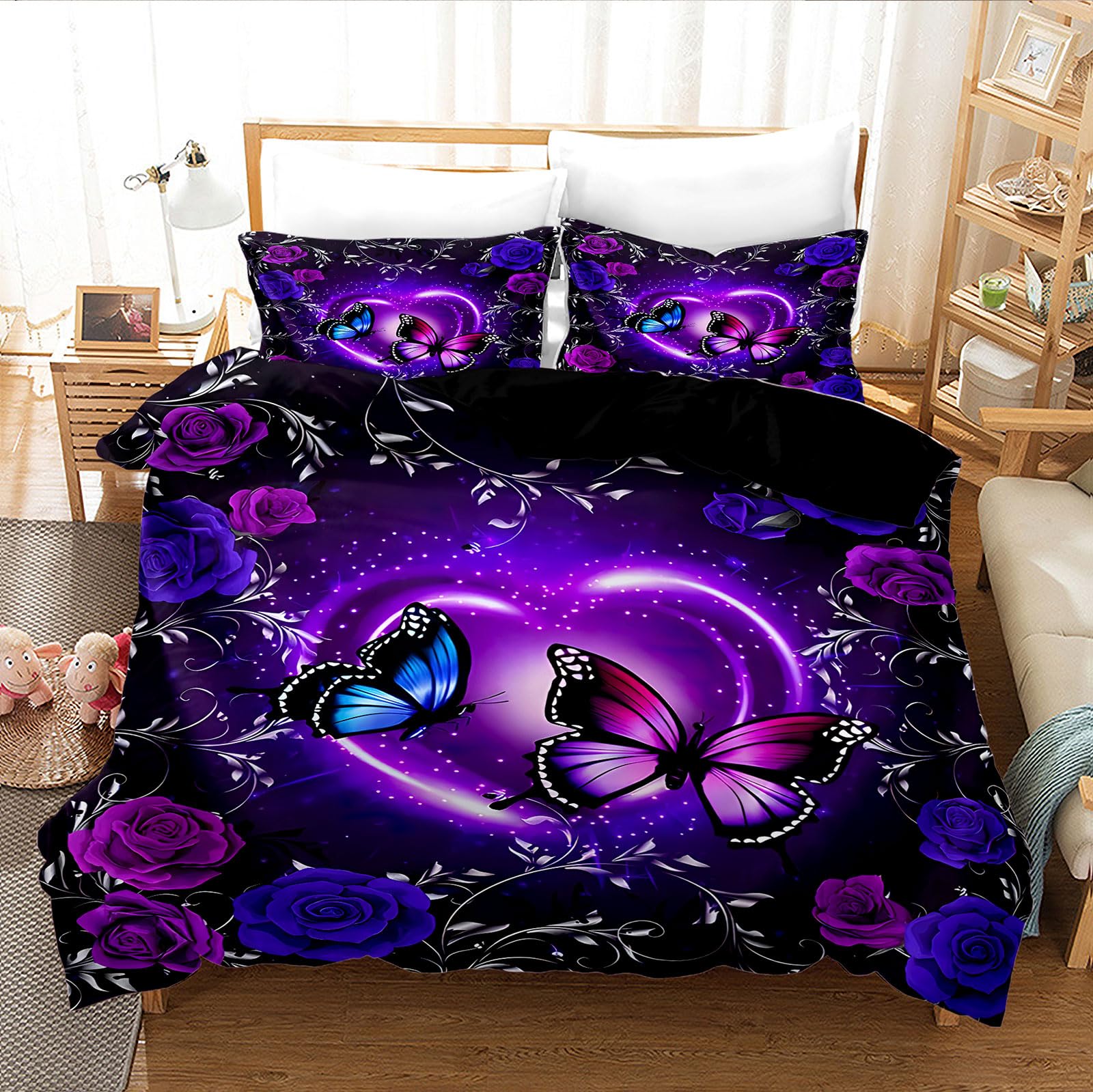 Housse de couette papillon 135x200 avec 2 taies d'oreiller douces