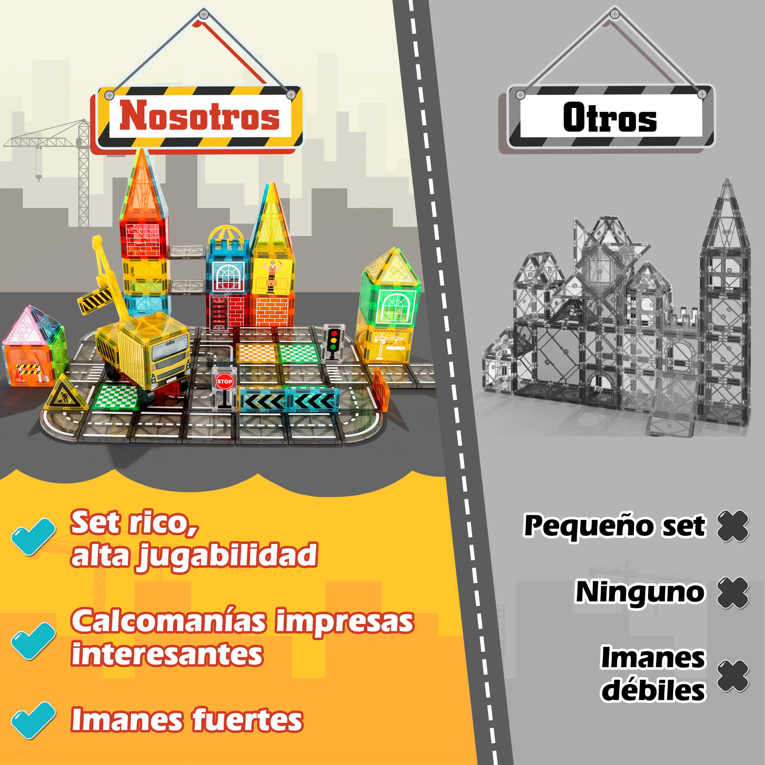 JONRRYIN Construcciones Magneticas Niños, 100 Piezas Bloques Magneticos Construccion con grúa y Edificio, Magnetic Tiles Carretera Magnetica Niños Juguetes 3-8 Años
