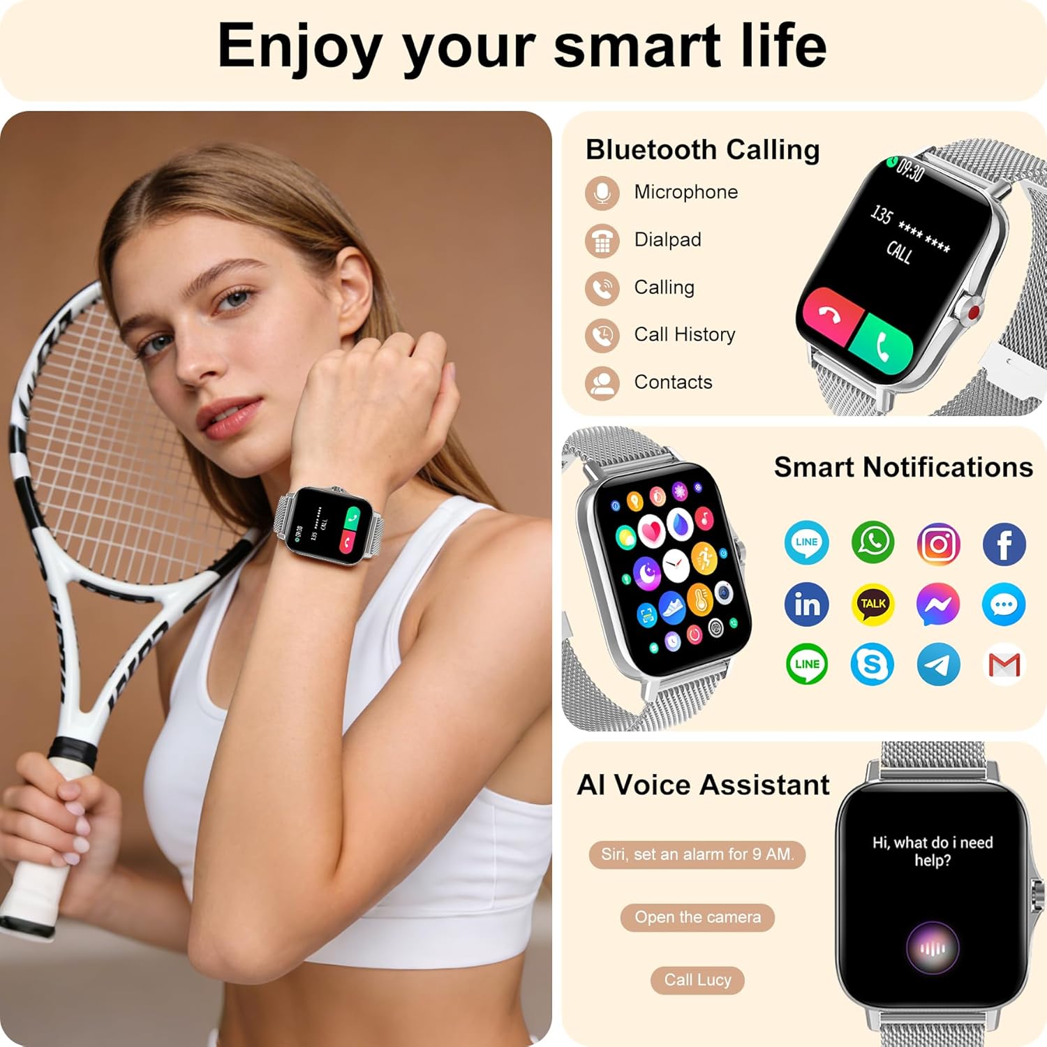Smart Watch for Women Android & iPhone, IP68 Waterproof Activity Fitness Tracker for Women with Bluetooth Call (Answer/Make), 1.69" HD Smartwatch with Heart Rate/Sleep Monitor, 3 Bands