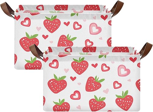 Miniatura 2 de KLL Strawberry Country Style Valentine Rectangle Storage Baskets Storage Bins with Handles Fabric Closet Organizers for Organizing Clothing, Jeans,