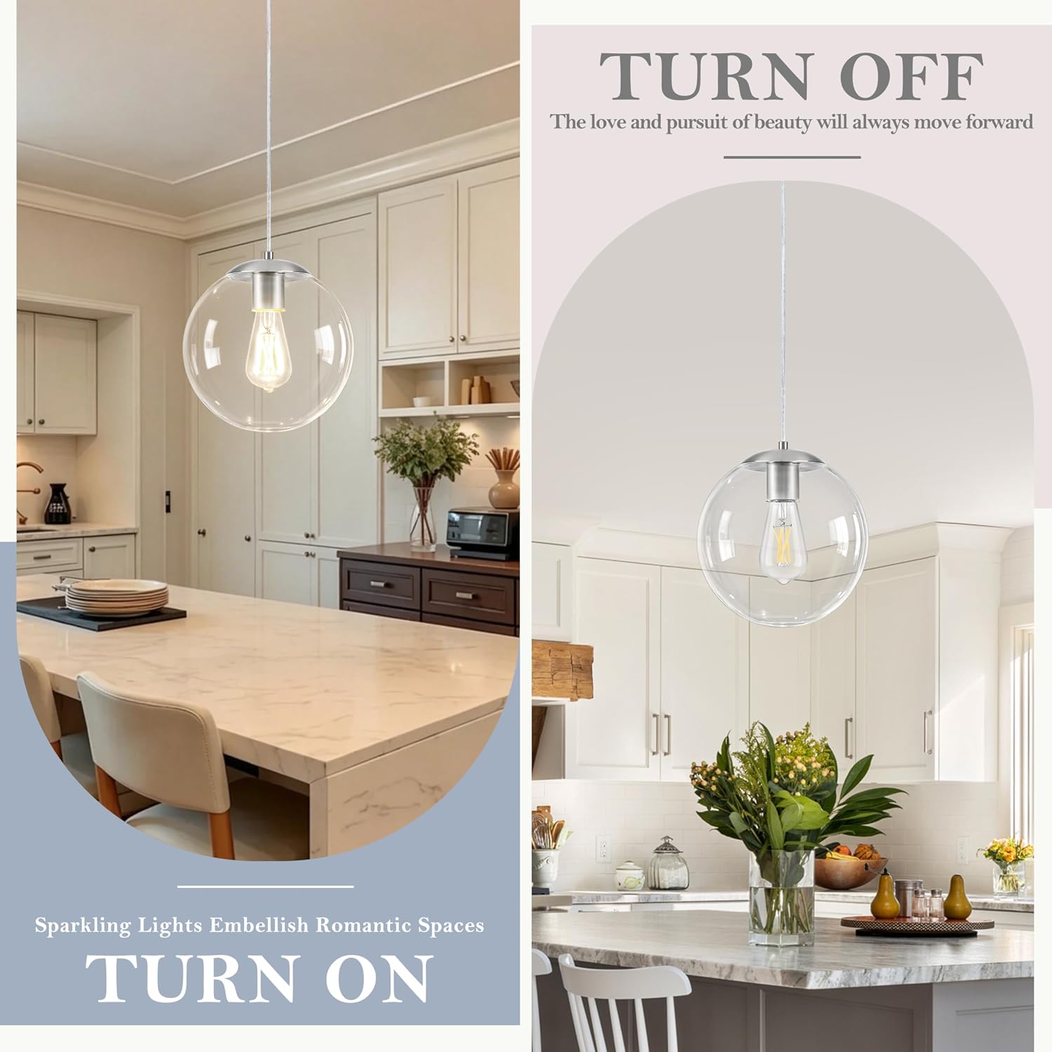 KoKo&Yukina 10" Nickel Modern Glass Globe Pendant Lights for Kitchen Island Mid Century Brushed Nickel Clear Glass Pendant Light Fixtures Hanging Pendant Lighting for Dining Room Bedroom Bulb Incl.