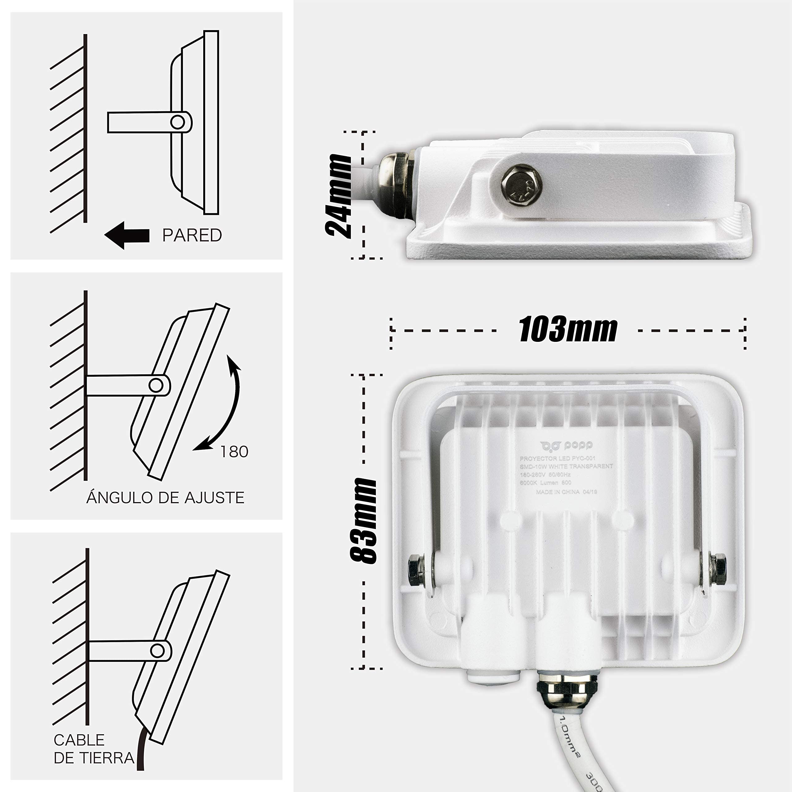 Popp® Pack x2 Foco Proyector LED Exterior Blanco 10W Luz blanca 6000K 85LM/W Impermeable IP65 Resistente al agua, Foco LED para exterior patios, jardines, terrazas, campos (10W, 6000K 2unidad)