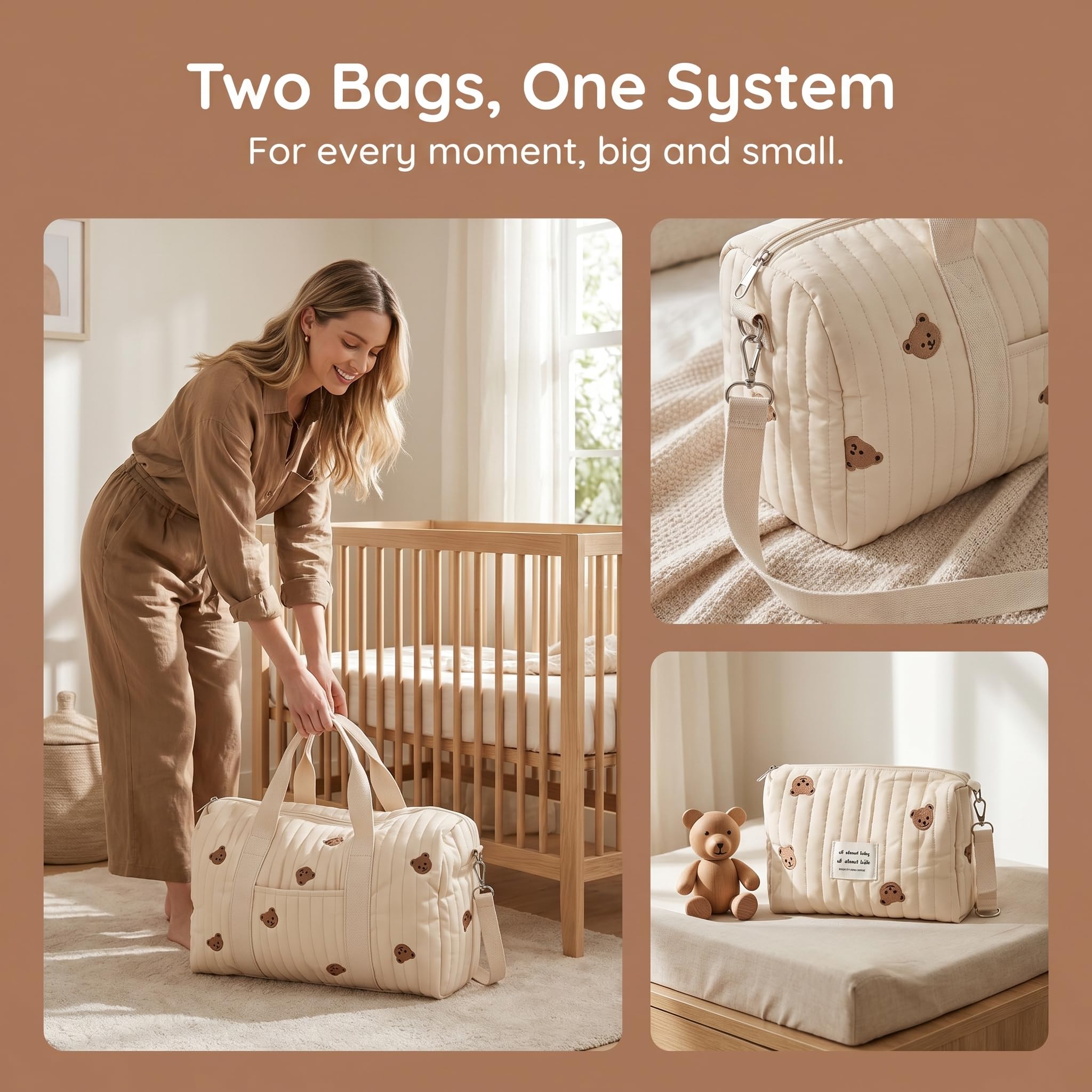 2er-Set Baby Wickeltasche Kliniktasche Reisewindeltasche Tragetasche Baumwolle Henkeltaschen Mom Bag Diaper Bag Wickeltasche für Unterwegs, Geburt im Krankenhaus, Reisen, Kinderwagen