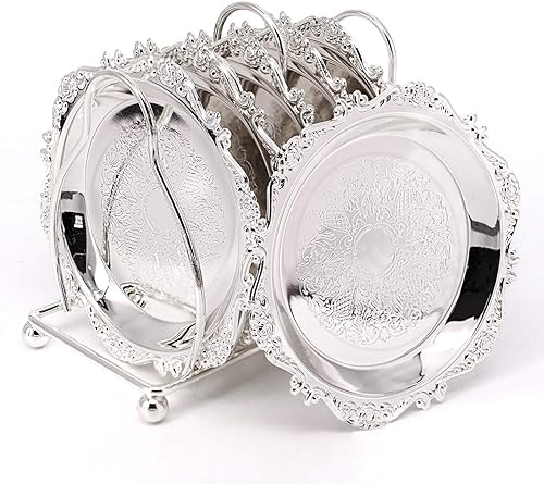 Platos redondos de metal galvanizado, juego de 7 piezas de mini platos de metal para bodas, fiestas de cumpleaños, platos para cupcakes (plateado)