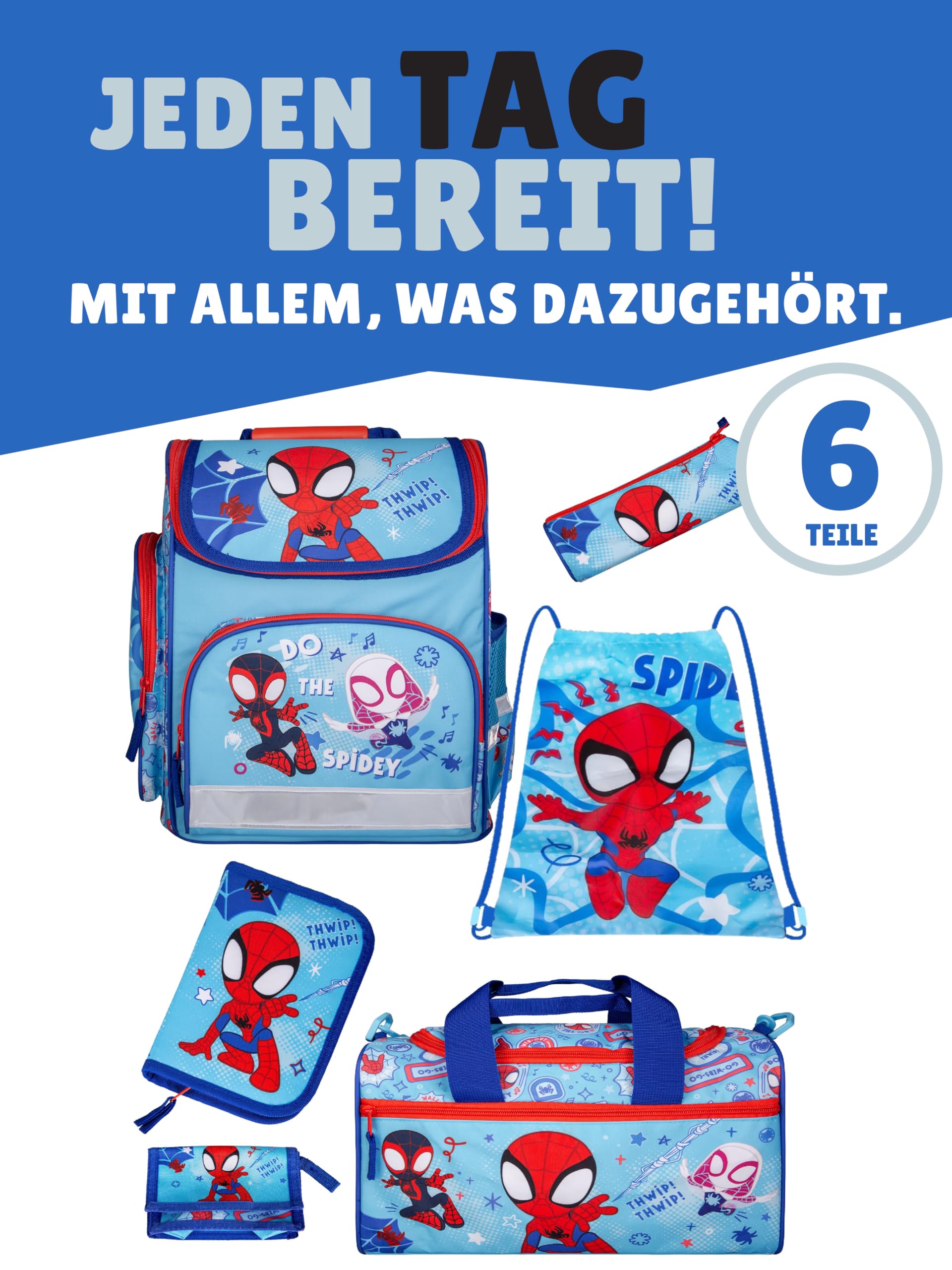 Familando - Schulranzen-Set für Spiderman Fans - Spidey & Friends - 6-teilig mit Sporttasche - Ergonomisch, stabil & mit gepolstertem Rücken - 930g leicht - 15L Volumen - Für Grundschule ab 1. Klasse