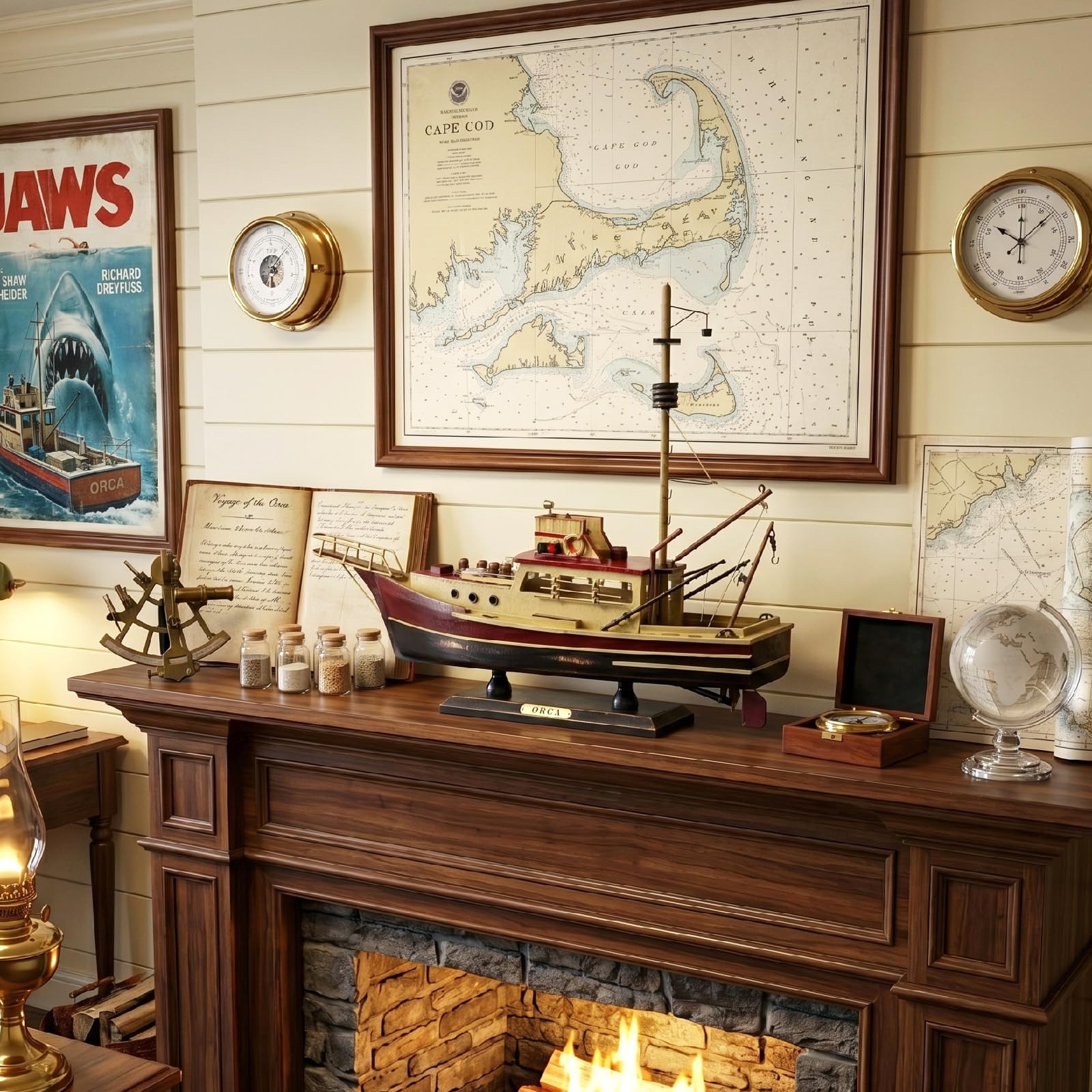 NAUTIMALL Jaws Orca - Barco de pesca de madera con diseño de tiburón premontado, acabado antiguo, decoración de velero (orca-15 pulgadas)