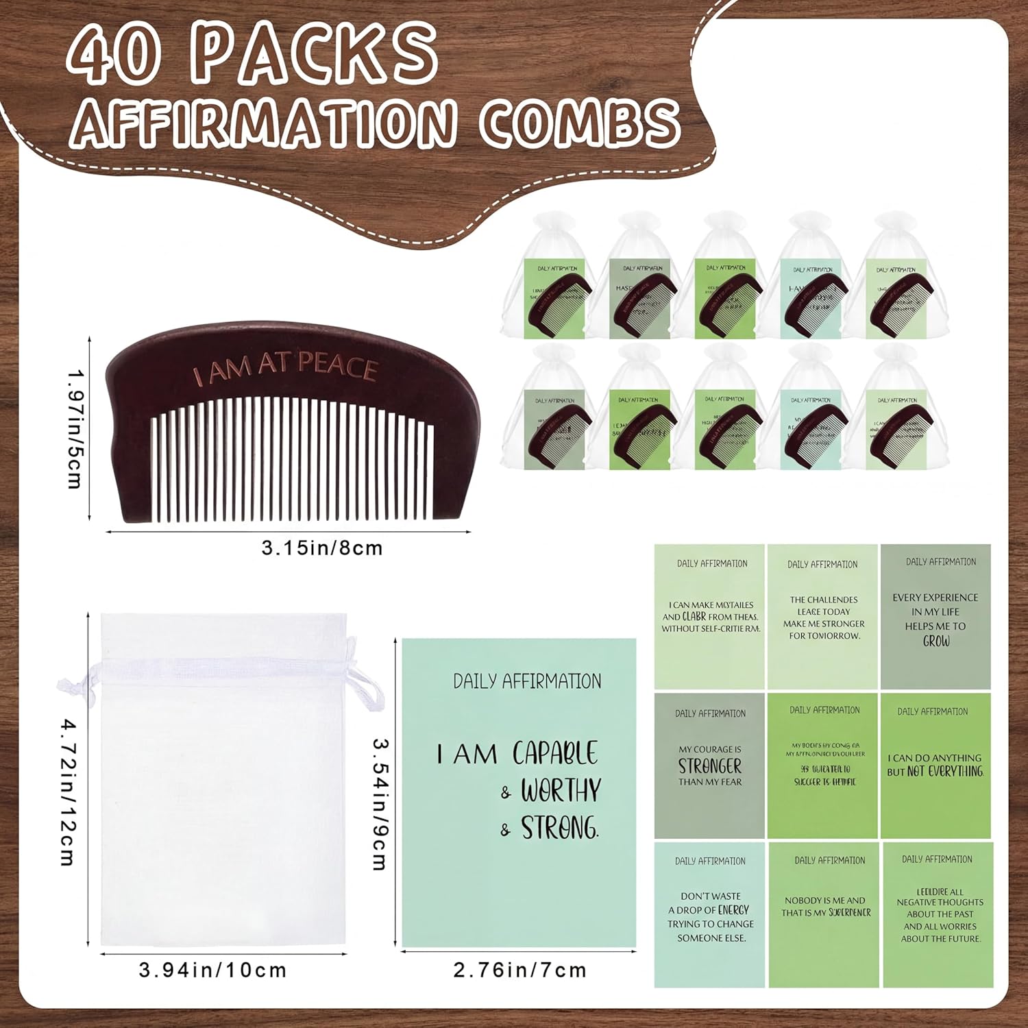 40 Sets Birthing Comb for Labor Pain Labor Combs with Affirmation Card for Pregnant Women Wooden Engraved Stress Bitrh Relief Comb for Delivery Support Relief Self Care