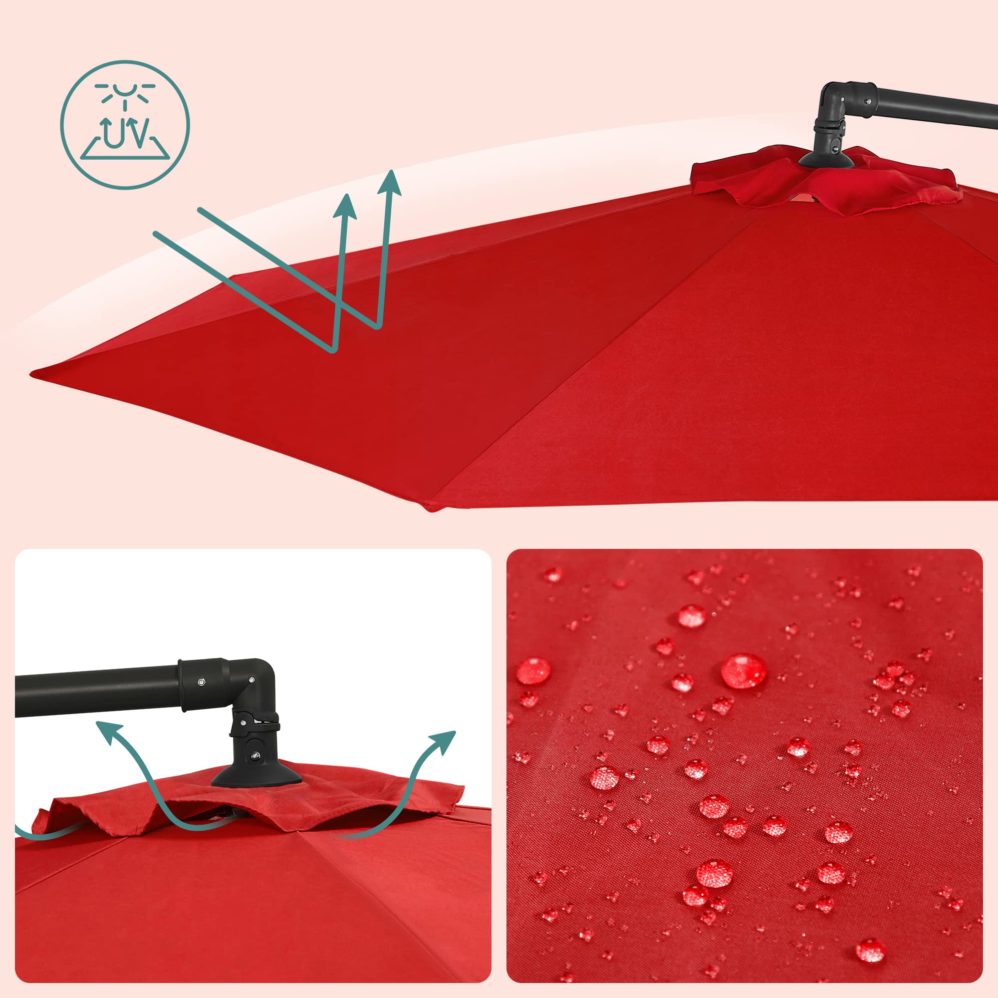 Songmics Sonnenschirm, Ampelschirm 300 Cm, Mit Ständer, Sonnenschutz Balkon, Balkonschirm, Uv-Schutz Upf 50 und mehr, Mit Kurbel Zum Öffnen Und Schließen, Für Terrasse, Garten, Rot Gpu016R01
