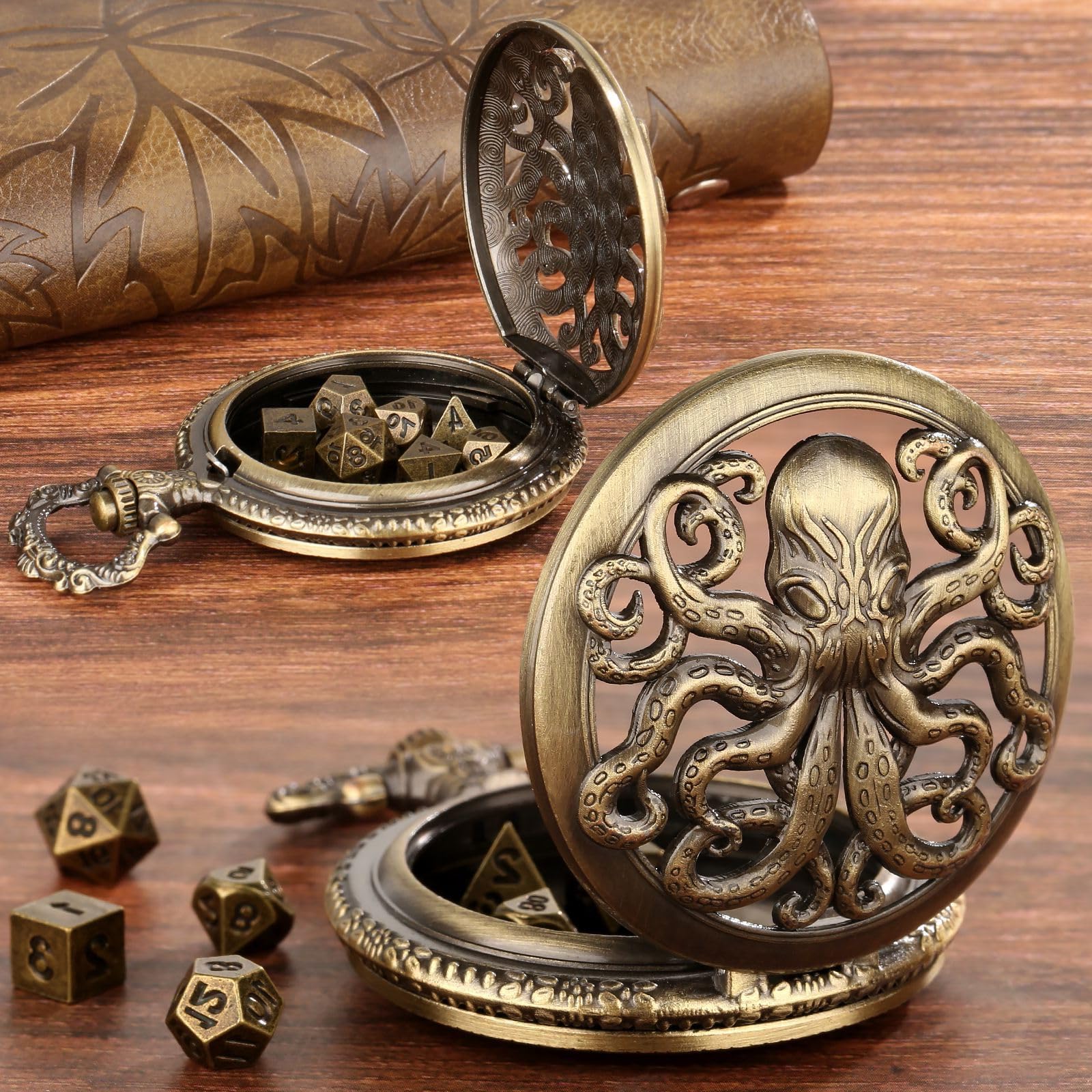 Mini Dados DND con Caja de Reloj de Bolsillo Steampunk Hueco Pulpo - 7 Piezas Poliédrico Metal D&D Juego de Mesa - Bronce