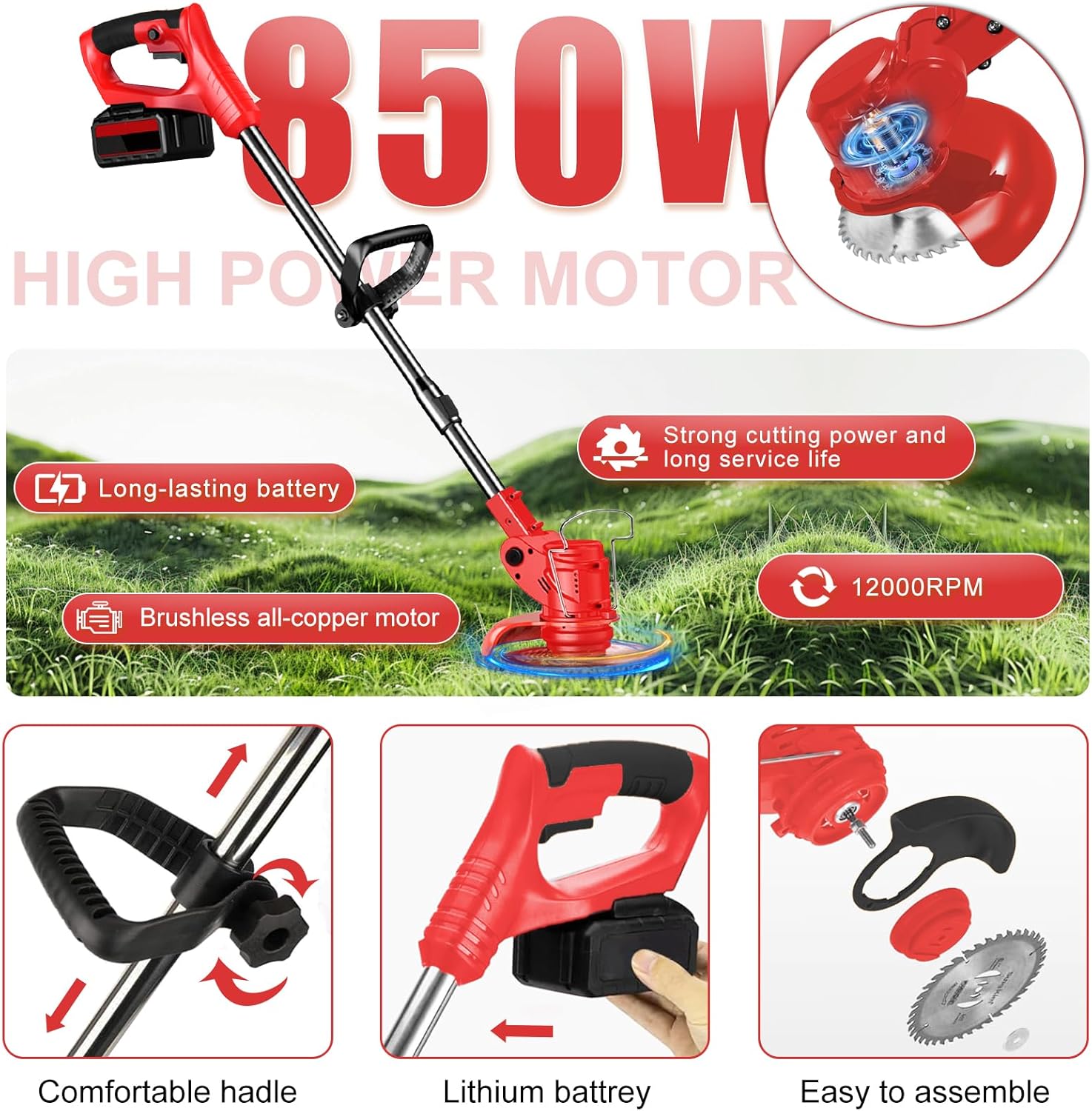 Electric Battery Cordless Weed Wacker with Charger Cordless Weed Eater 3-in-1 Lightweight String Trimmer/Weed Trimmer/Brush Cutter with 3 Types Blade 2 Battery 1 Goggles 1 Gloves for Yard Garden Lawn