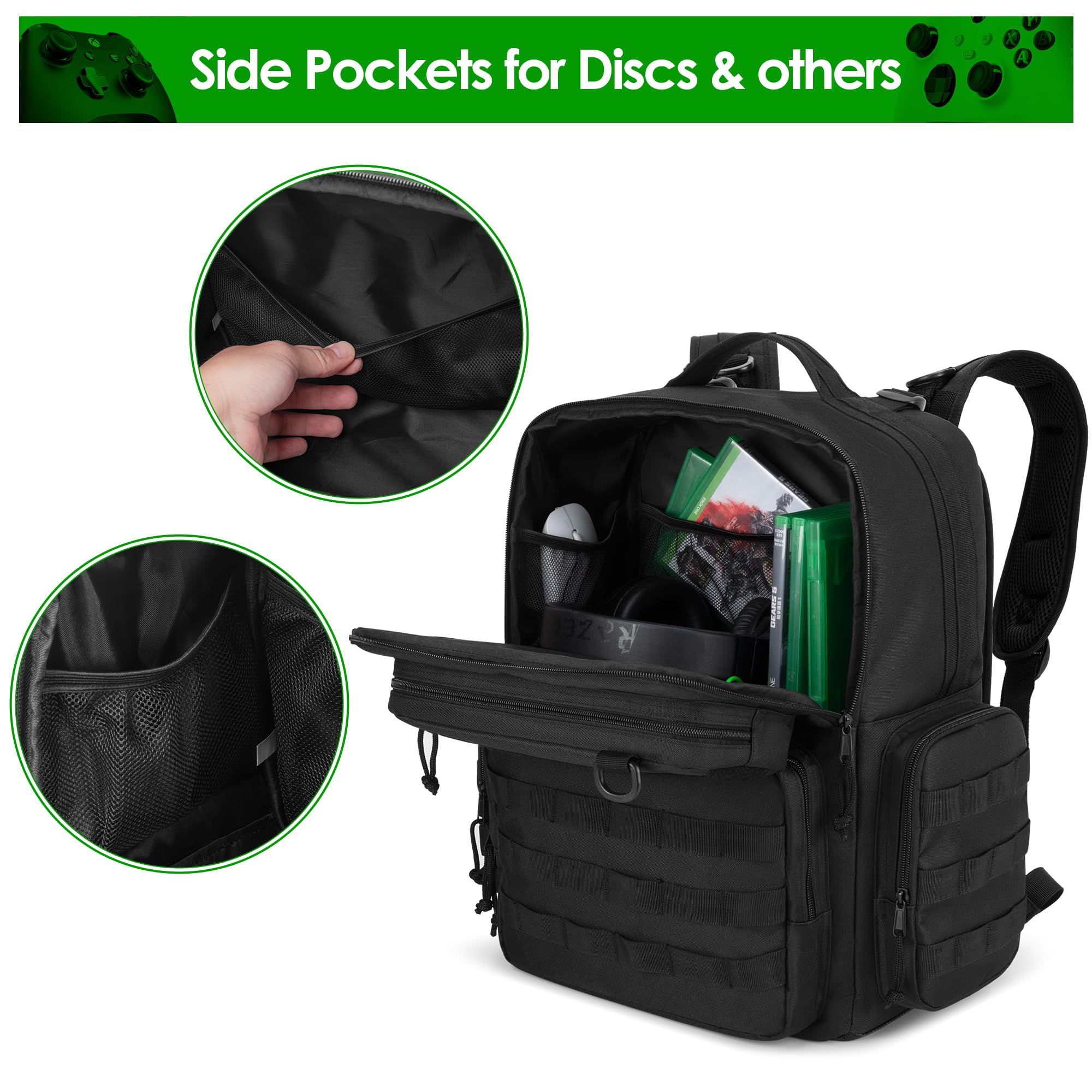 PGmoon Mochila táctica de viaje compatible con consola Xbox Series X/S con espacio individual para consola, muchos bolsillos para controladores, auriculares y más (diseño patentado), Negro -, Mochila