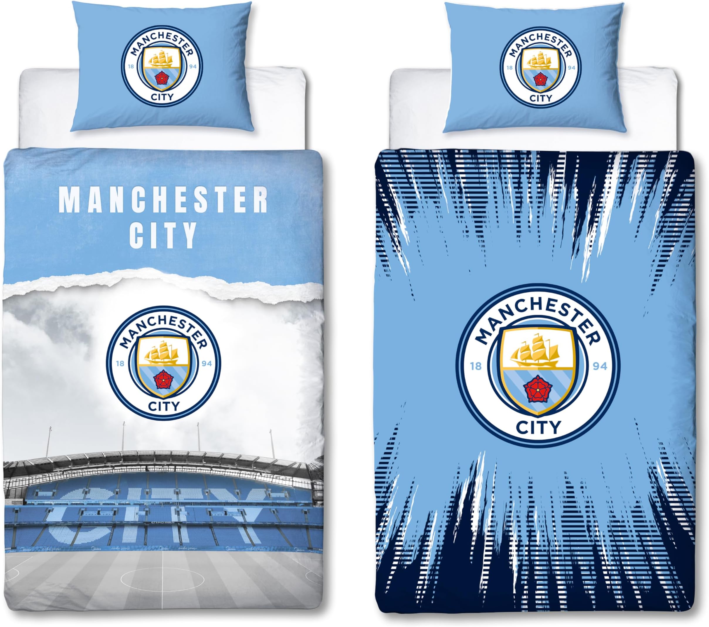 Character World Manchester City FC Official Single Duvet Cover Set | Blue Reversible 2 Sided Football Stadium Bedding Cover Official Merchandise Including Matching Pillow Case