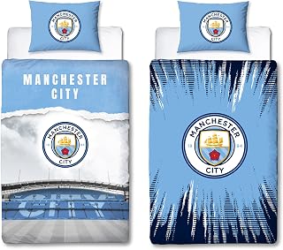 Manchester City FC Official Single Duvet Cover Set | Blue Reversible 2 Sided Football Stadium Bedding Cover Official Merchandise Including Matching Pillow Case