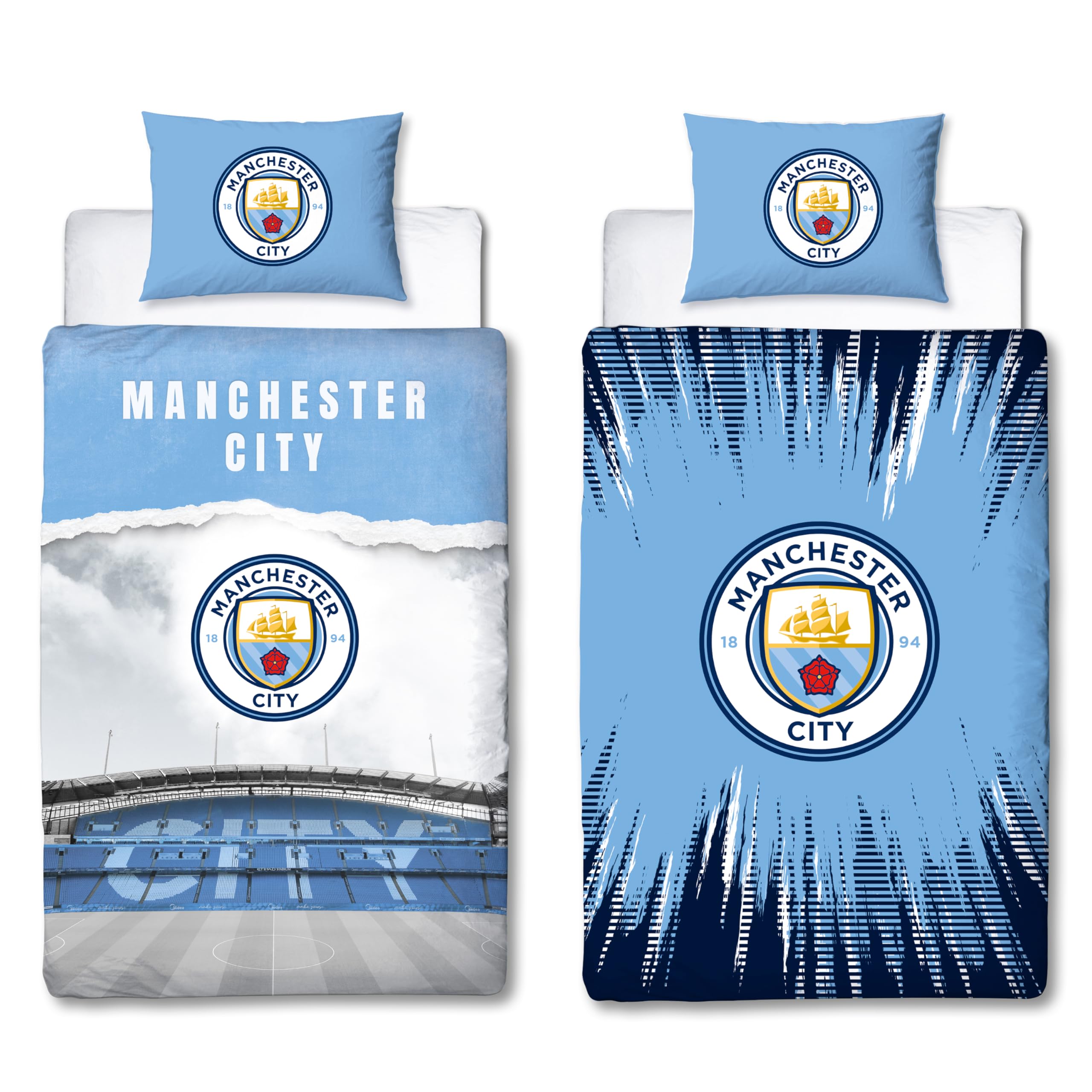 Character World Manchester City FC Official Single Duvet Cover Set | Blue Reversible 2 Sided Football Stadium Bedding Cover Official Merchandise Including Matching Pillow Case