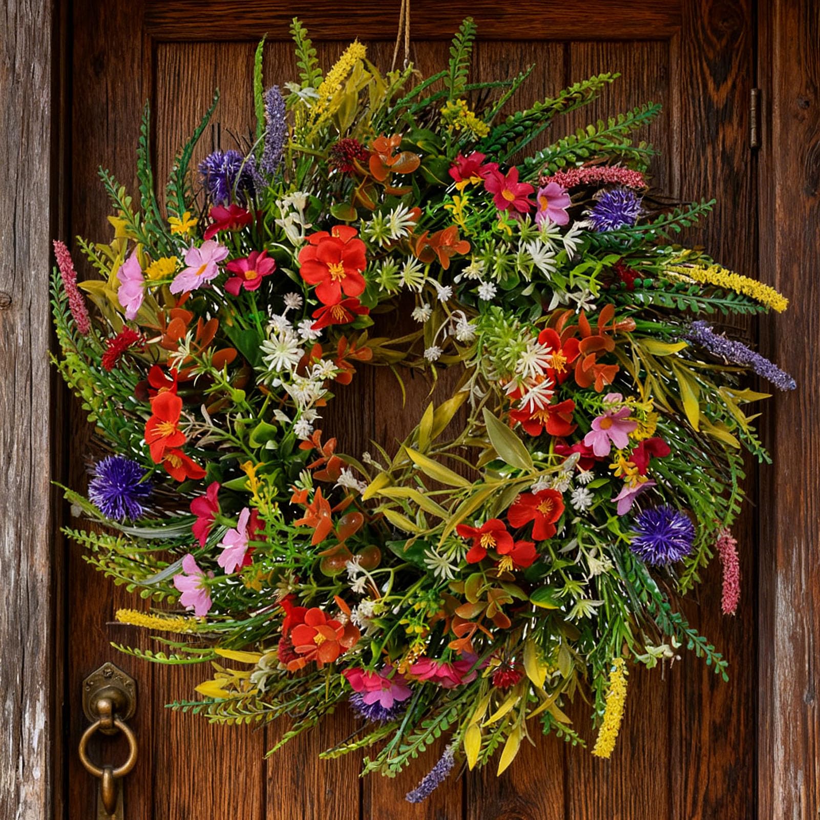 Ghirlanda di Fiori Artificiali Primaverili Estivi Verde Vivace Decorazione della Porta D'ingresso per il Raccolto All'aperto e Al Coperto 45 Cm (#1)