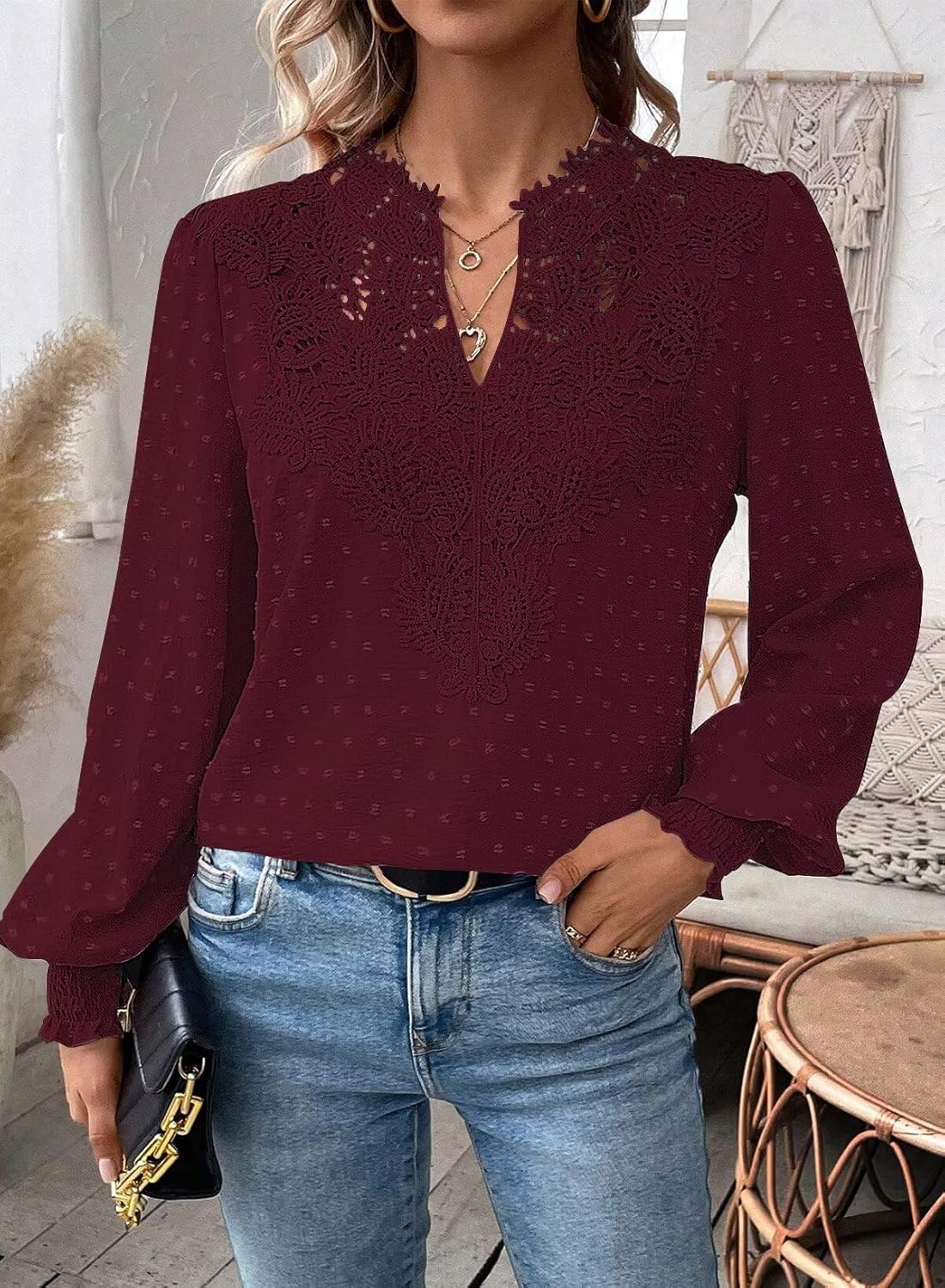 Womens Tops Swiss Dot Boho Long Sleeve Shirts V Neck Casual Chiffon Blouses Flowy Lace Hem Cute Clothing Trendy 2026 - Image 3