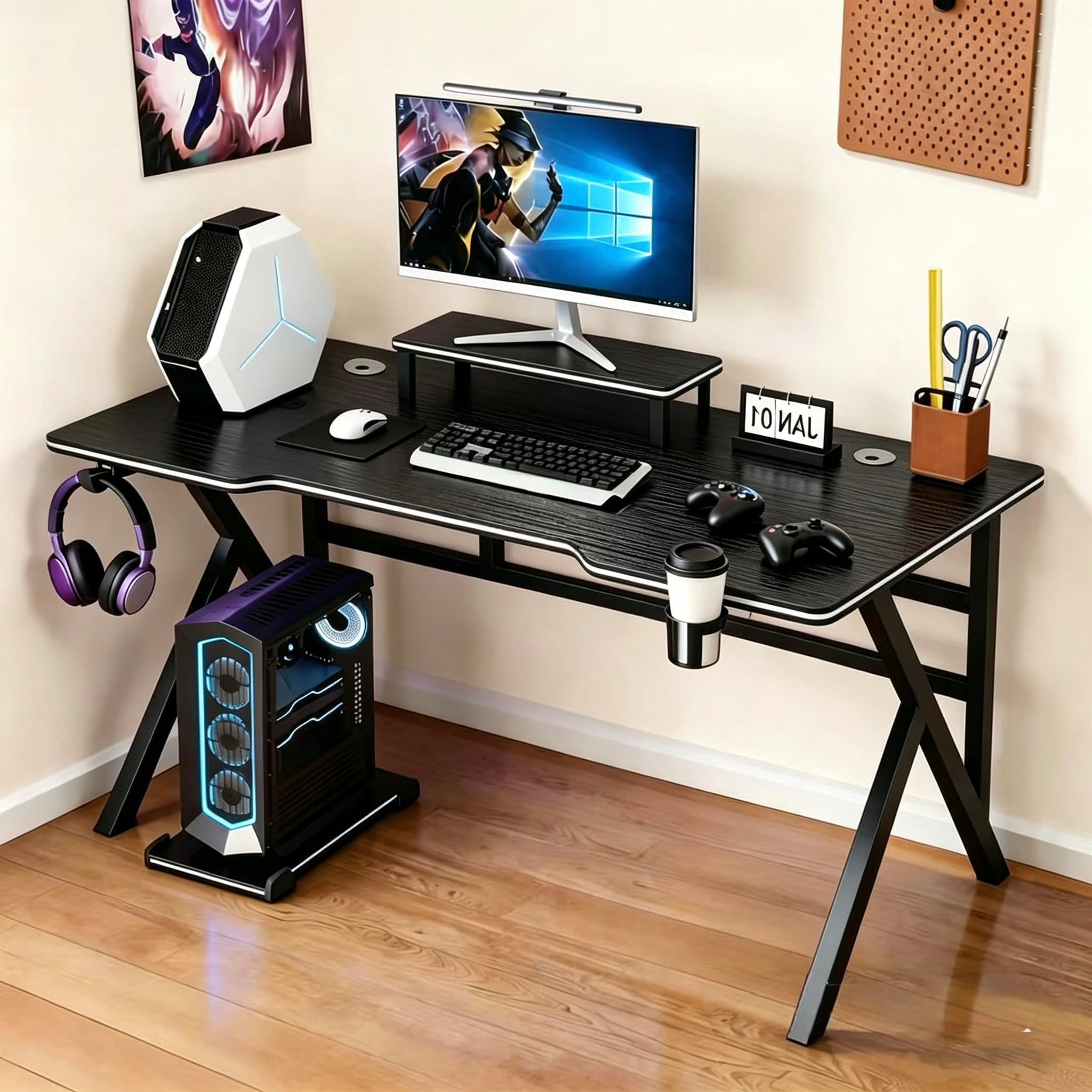 パソコンデスク 幅110cm モニター台付き pcデスク 配線穴付き ゲーミングデスク PCタワー収納トレー付き K字脚 オフィス 机 凹型弧天板 省スペース 在宅勤務 強力な耐荷重 おしゃれ 勉強机 仕事用 化粧台 (ブラック)