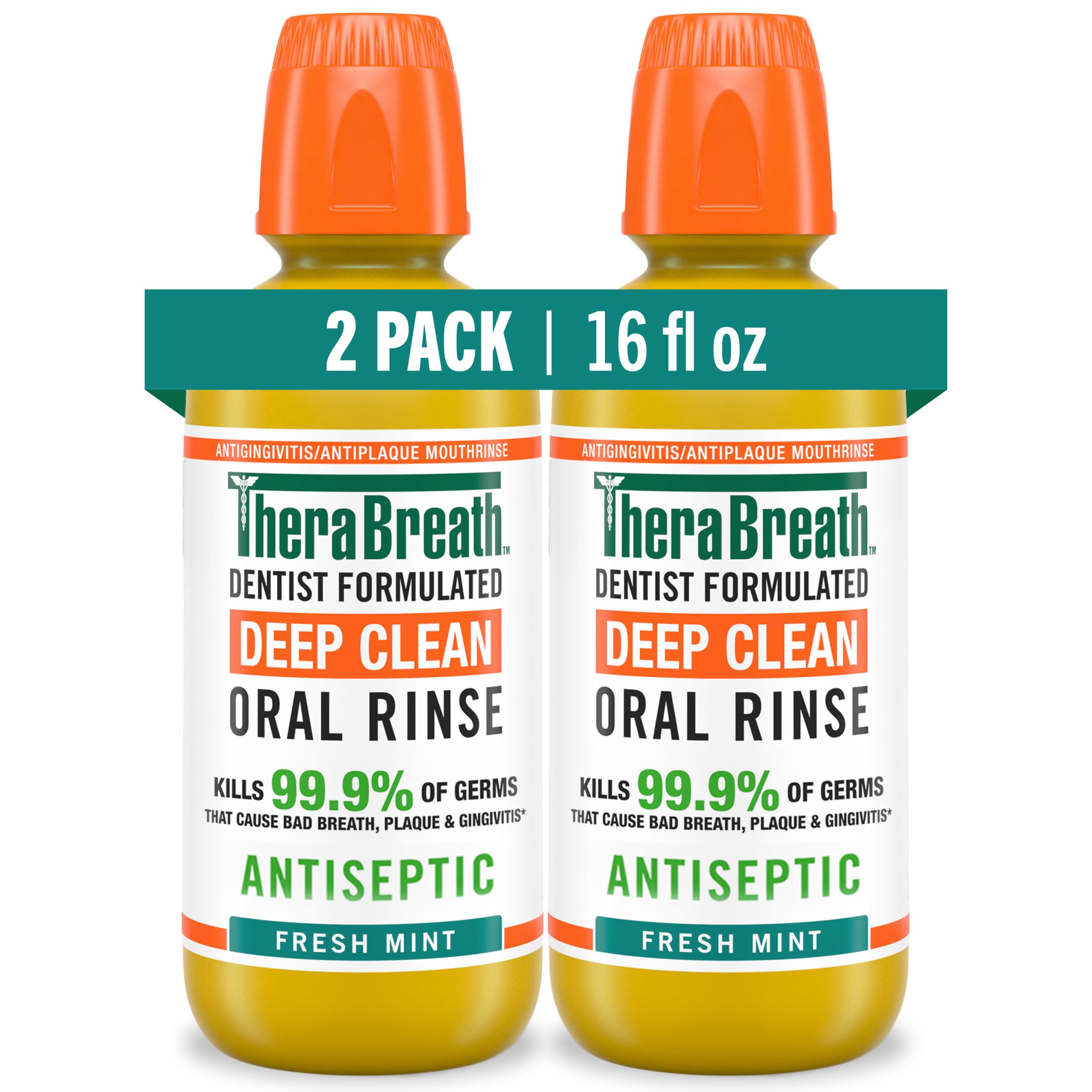 TheraBreath Deep Clean Mouthwash, Antiseptic Benefits, Fresh Mint Flavor, Dentist Formulated, Alcohol Free, 16 fl oz (Pack of 2)