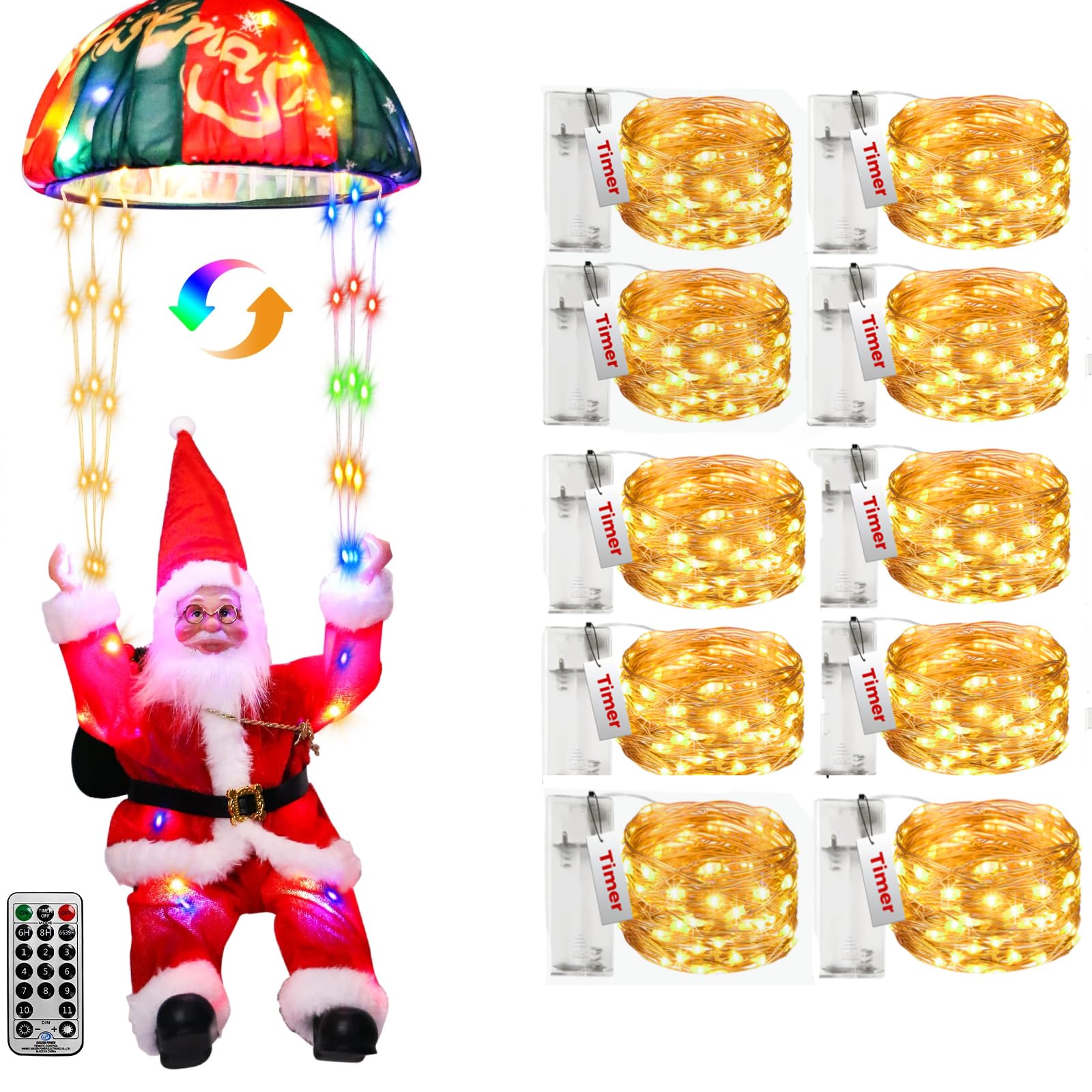 Santa Claus with Parachute Lights Color Changing, Remote Timer Hanging Lights,10 Pack Fairy Lights Battery Operated with Timer, 10FT 30LED Twinkle Lights Waterproof