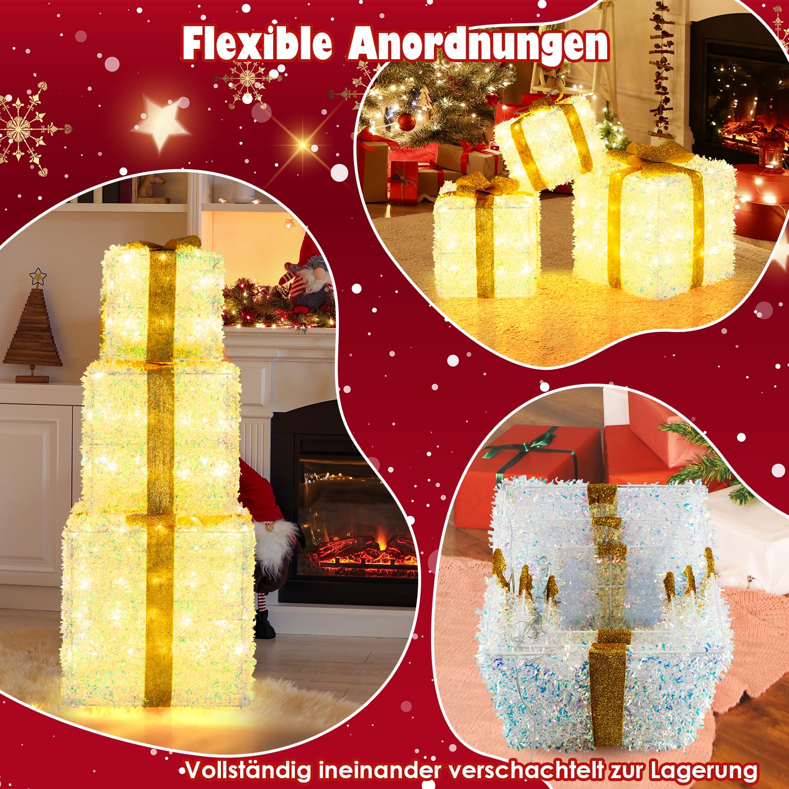 COSTWAY LED Geschenkbox 3er Set, beleuchtete Weihnachtsdeko mit 200 warmweißen LED-Lichtern, Weihnachtenbox mit goldenem Schleifen, Weihnachten Dekoboxen, Weihnachtsbeleuchtung für außen & innen