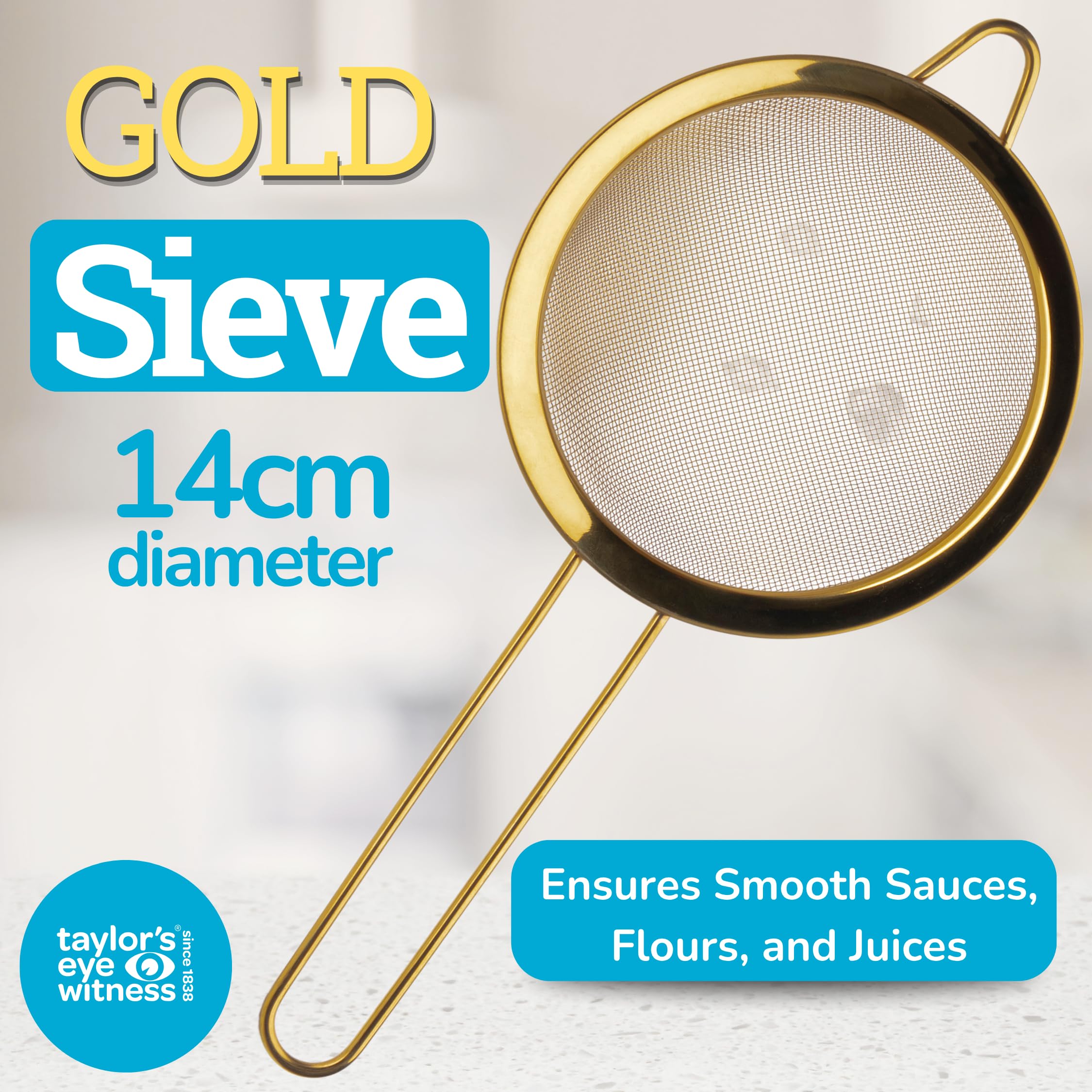 Heavy-Duty 14cm Gold Colour Sieve, Fine Mesh Strainer with Extra Grip Handle - Image 2