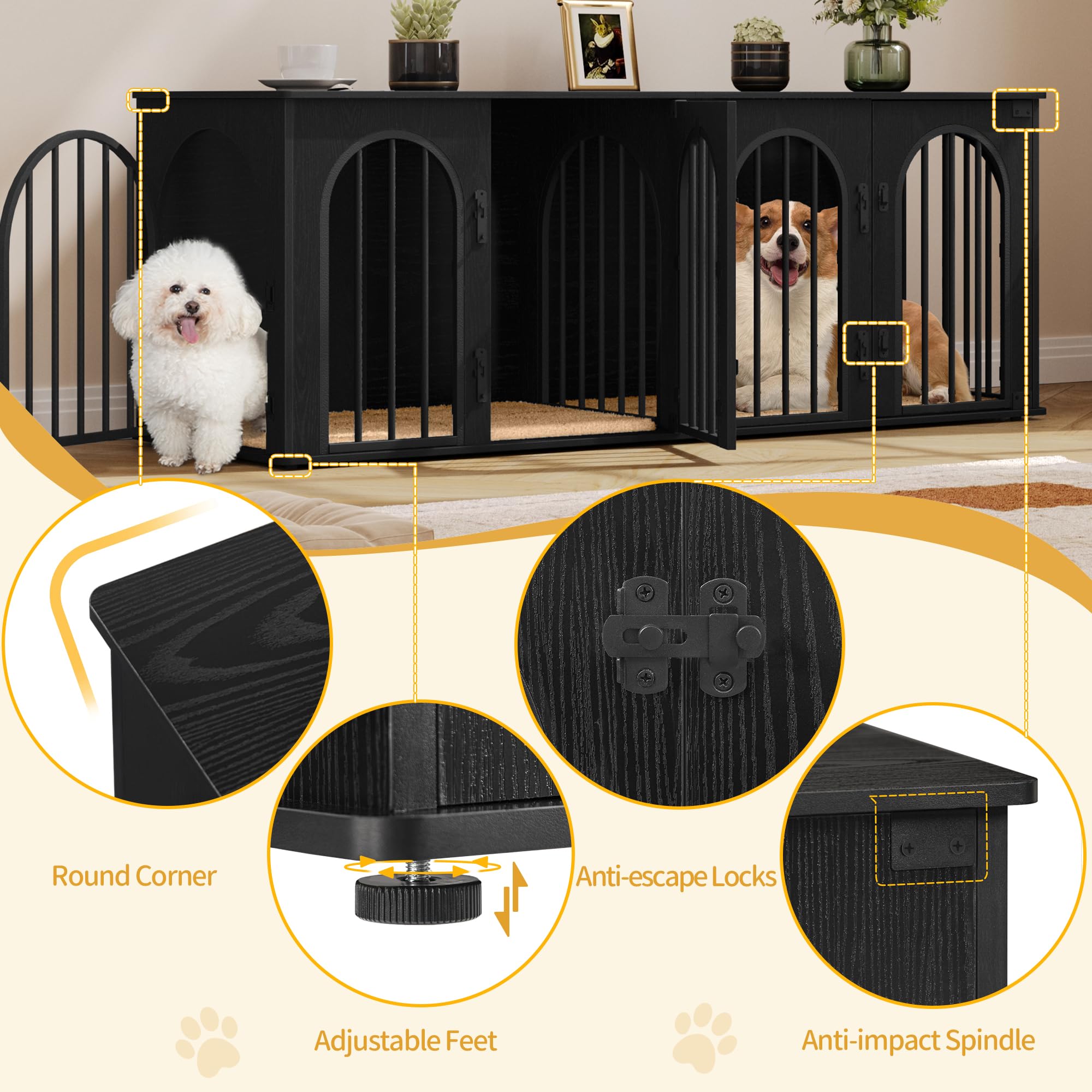 Hzuaneri 63" Dog Crate Furniture for 2 Dogs, Heavy Duty Indoor Dog Kennel TV Stand, L Wooden Dog Cage with Divider for Medium Large Dogs, End Table Dog Crate with Cushion, Black DFC80904B - image 7