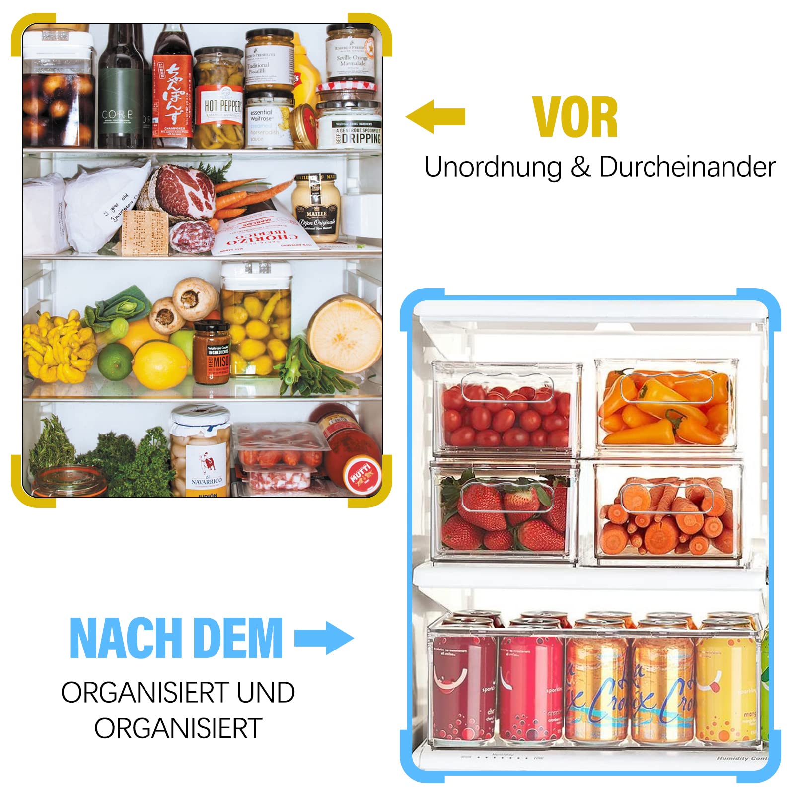Kühlschrank Organizer Set - 6er Set (3 Größe) Kühlschrank Organizer, Küchen Organizer für Speisekammer, Gefrierschrank, Schrank, Schublade, Büro