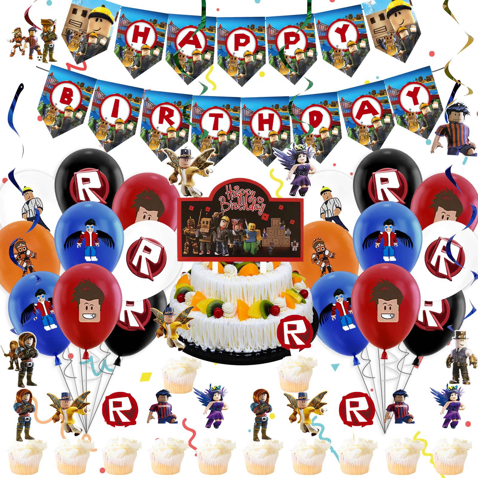Party Decoration 50PCS Rob-lox Birthday Party Decoration Kids Cartoon Birthday Kit with Latex Balloon Banner Cake Topper Swirls Deco, Boys Girls Rob-lox Party Supplies for Theme Decoration
