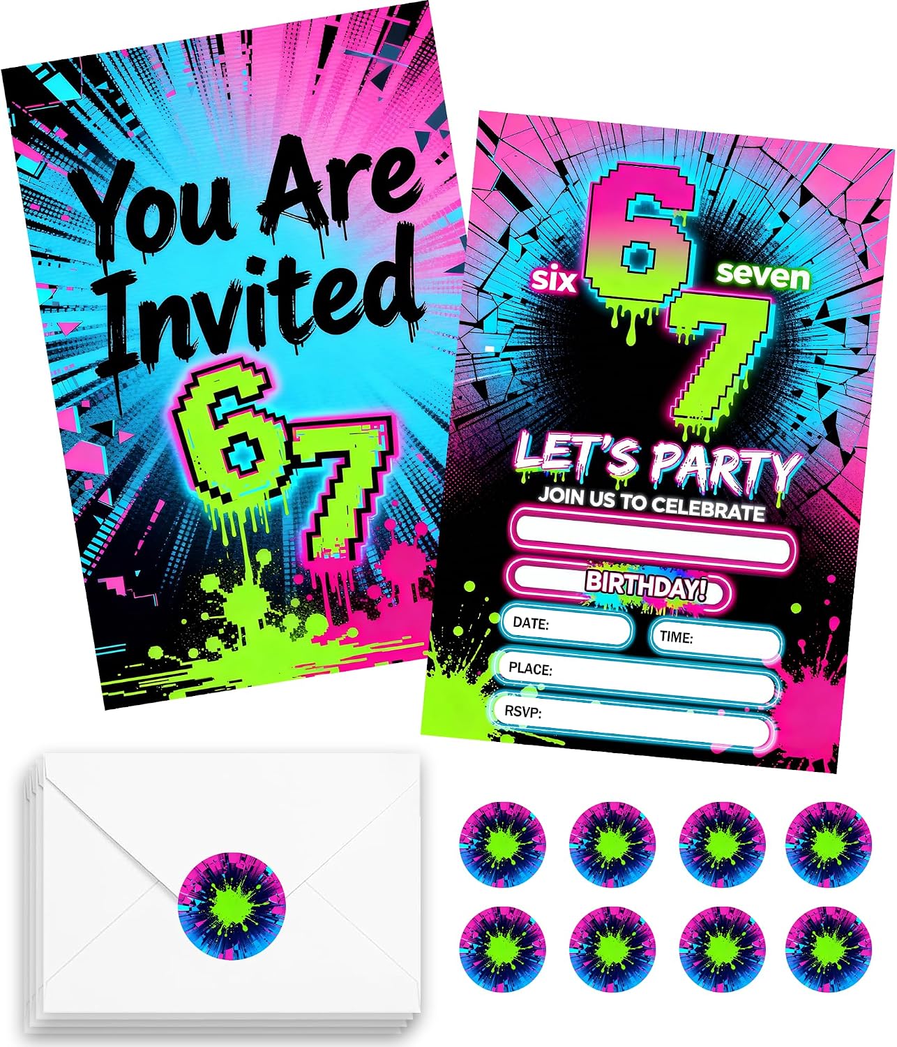 6 7 Birthday Invitations for Boys Girls 20 Pack 7th Pixel Graffiti Neon Fill-in Birthday Party Invite Cards with Envelopes and Stickers, I Was 6 Now Im 7 Kids Bday Party Supplies Decorations
