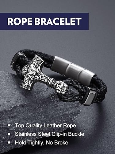 Miniatura 9 de Bandmax Pulsera trenzada de cuero negro para hombre con colgante gótico punk, pulsera de cuero con hebilla de acero inoxidable, paquete de regalo