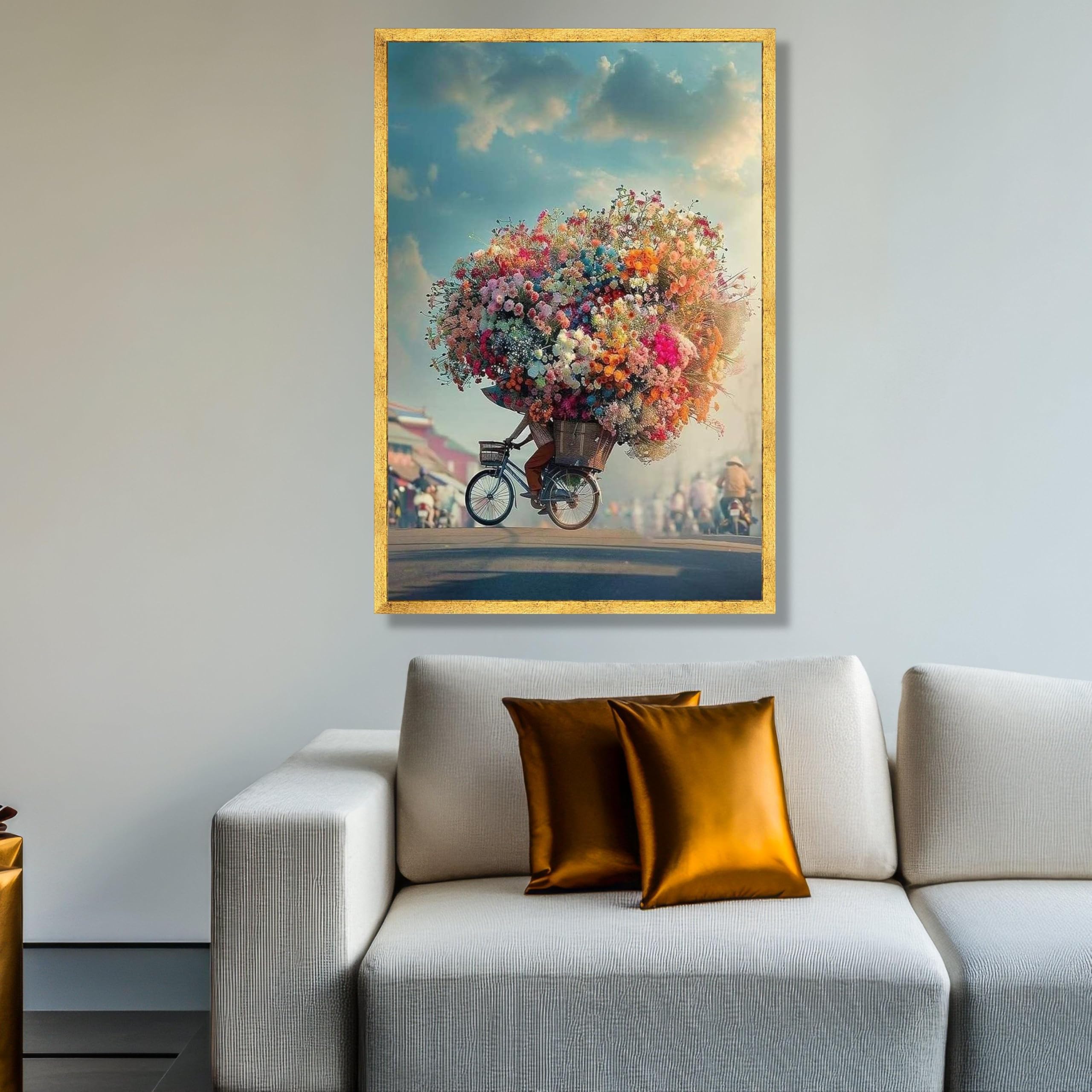 XINBAO Kolorowe kwiaty rower płótno bukiet kwiatów sztuka ścienna naturalna dekoracja ogrodowa kwiat obraz dekoracja domu (80 x 120 cm / rama wewnętrzna)