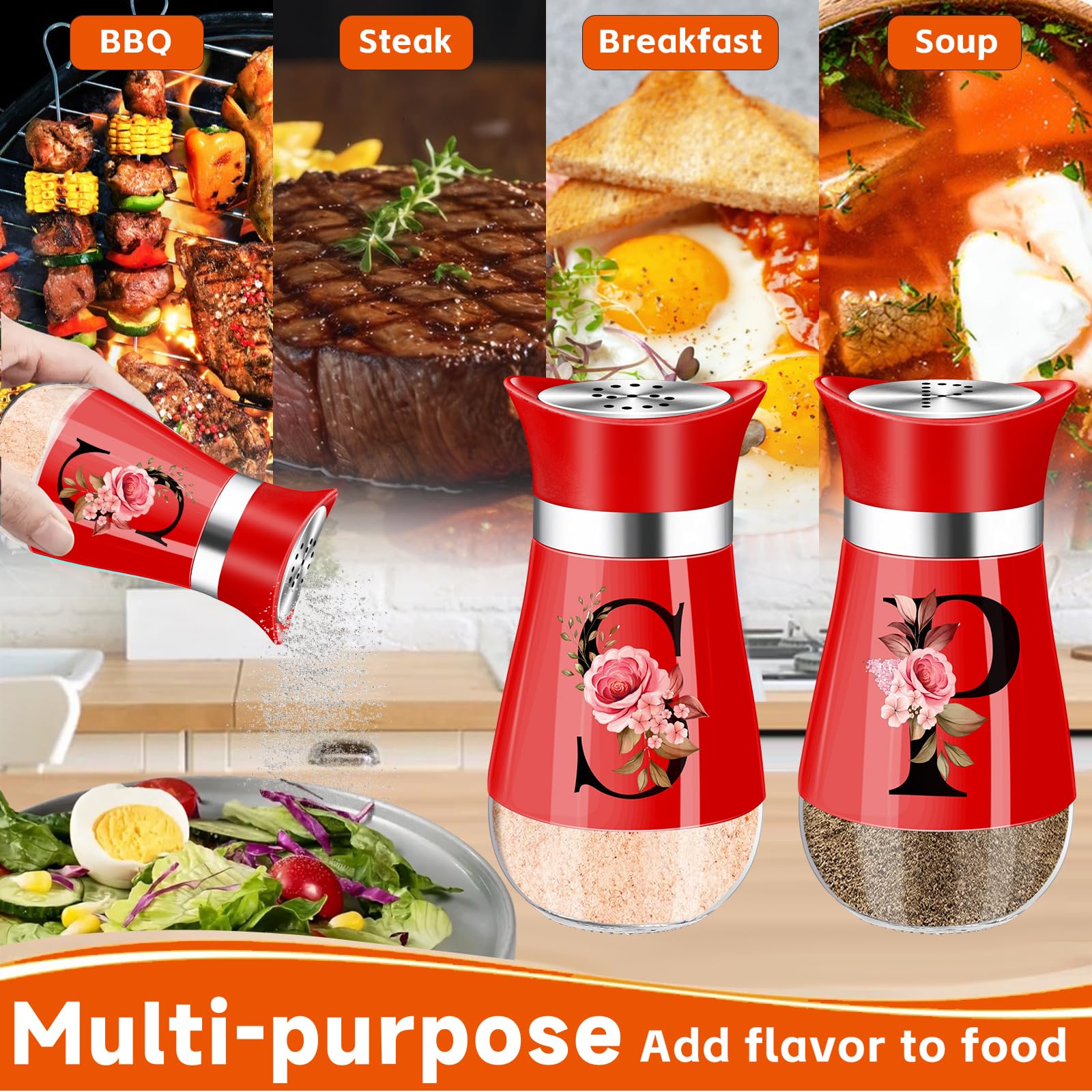 Juego de salero y pimentero, salero y pimentero con fondo de vidrio de 4 onzas con tapa de acero inoxidable para el hogar, cocina, restaurante, picnic, caravana, campamento, barbacoa (rojo)