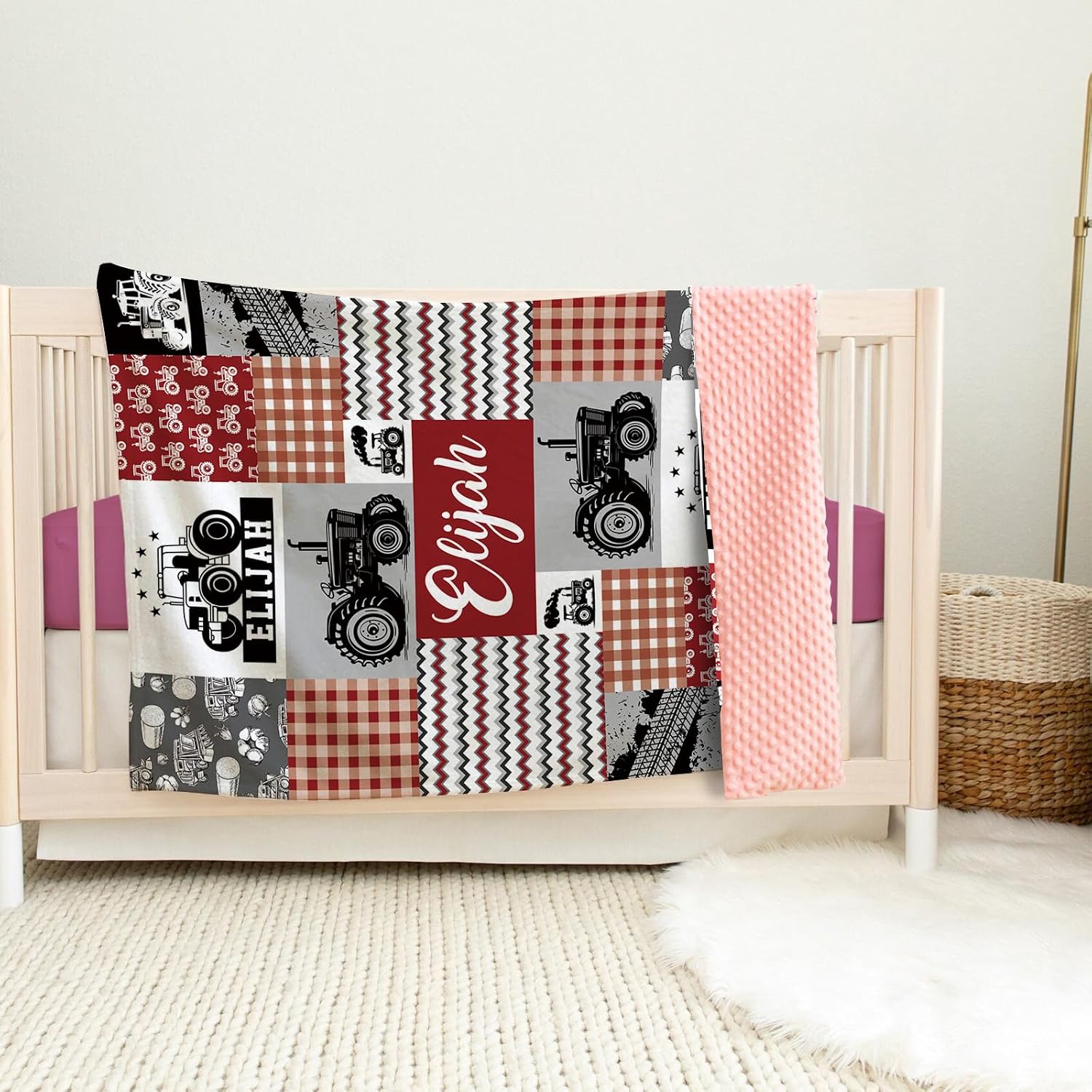 Personalized Tractor Blanket for Kids, Custom Name Patchwork Blankets, Soft Plush Tractors Plaid Flannel Blanket with Double Layer Dotted Backing, Gifts for Boys Girls Baby Color07